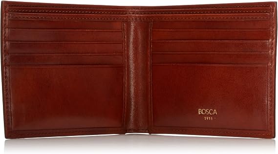 Bosca Men's Leather Wallet - RFID Security Lining - 8 Card Slots - Divided Currency Well - Full Grain Italian Leather with Glossy Finish - Amber Brown