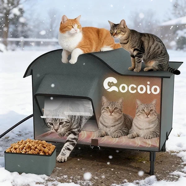 Extra L Large Heated Cat House for Outside,Outdoor Weatherproof Insulated Cat House,Upgraded Elevated Warm Cat Shelters for Winter with Heat Pad,Eaves&Escape Door Collaspable Multiple Ferals Warming