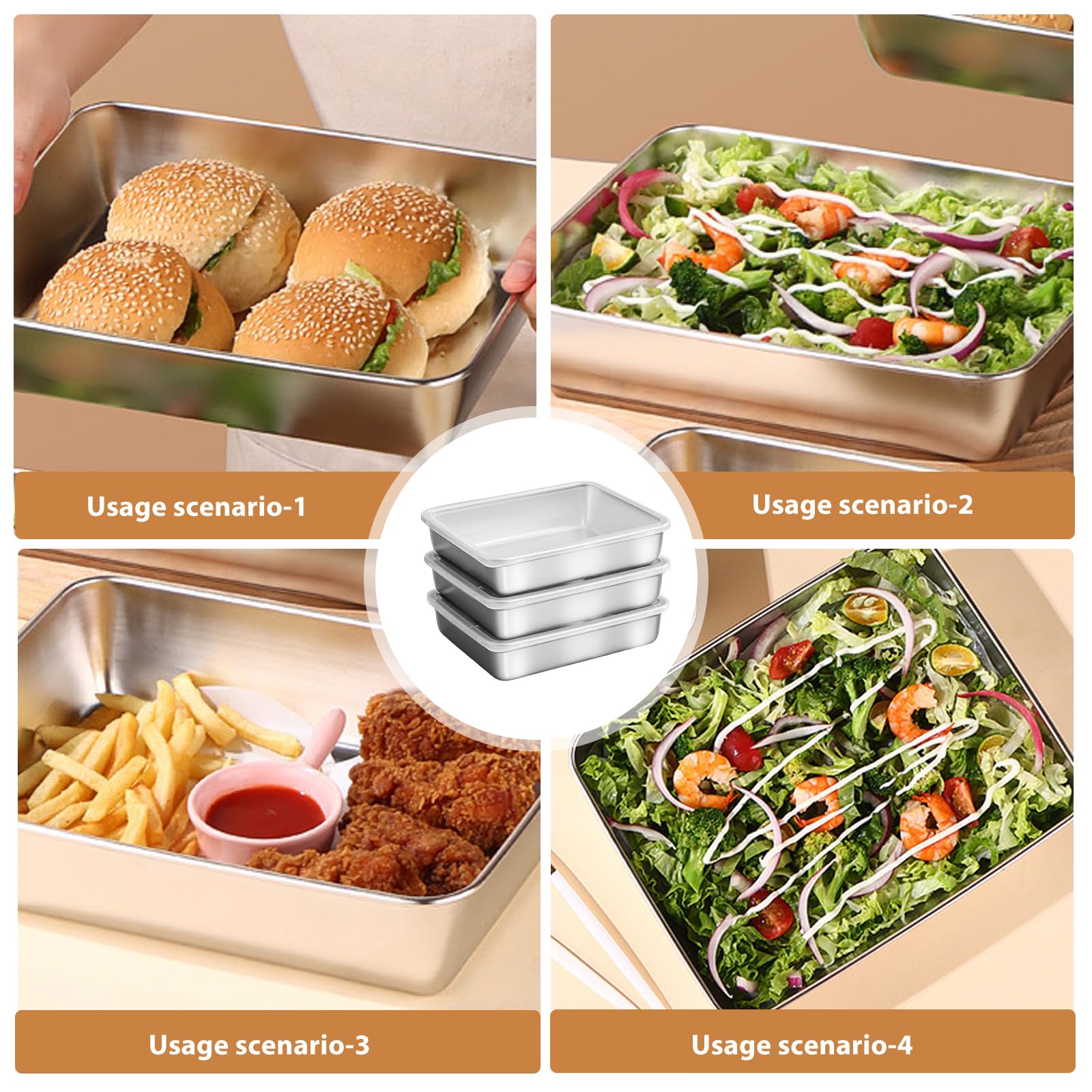 Contenitori per Alimenti in Acciaio Inox con Coperchio: 3 Pezzi 25×20×5cm Salvafreschezza Contenitori per Alimenti, Pranzo in Acciaio Inox con Coperchio Lavabile per Lavastoviglie, Cibo
