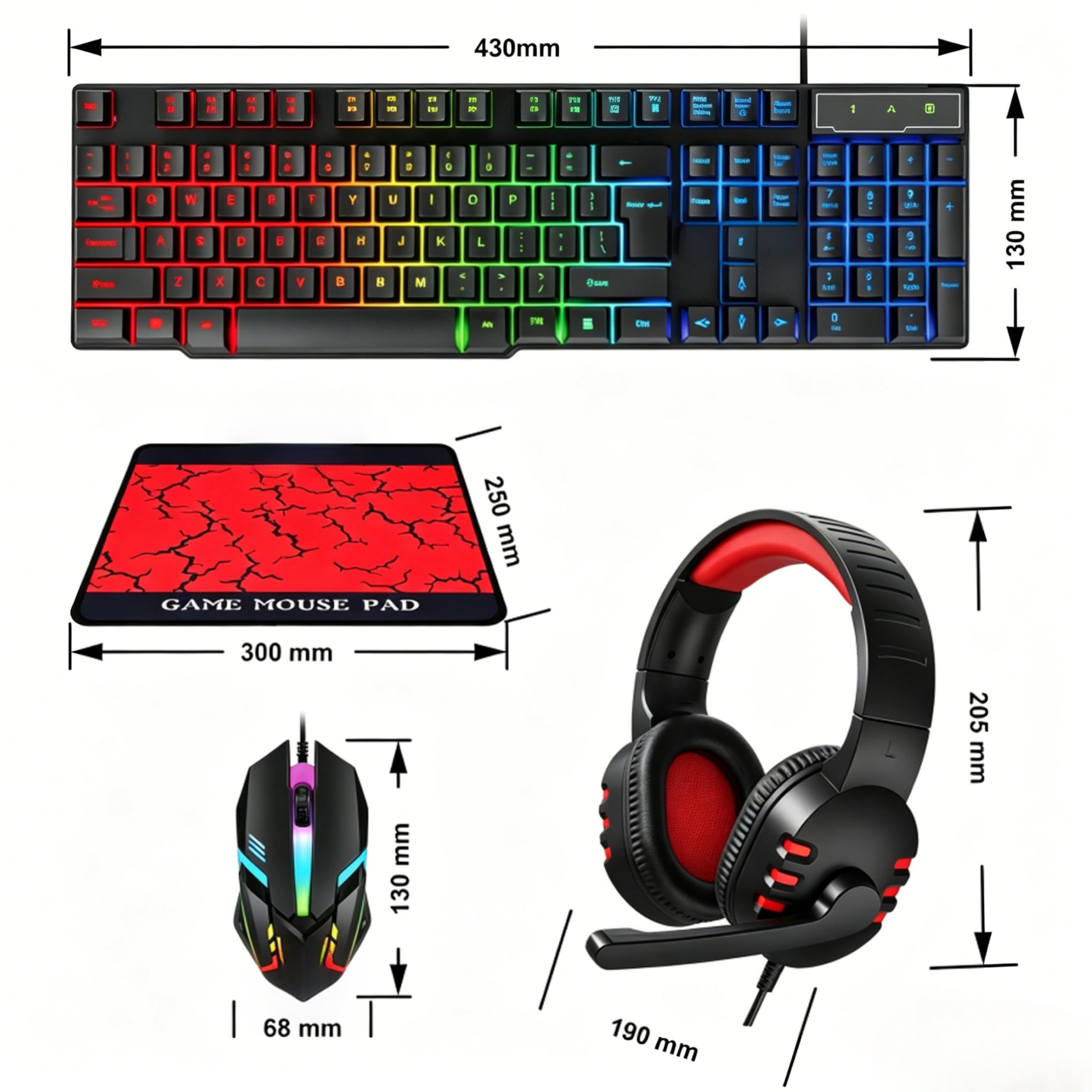 T Wolf TF800 zestaw combo gamingowy, 104 przyciski, klawiatura RGB z podświetleniem, 4-kolorowa, oddychająca mysz świetlna, zestaw słuchawkowy do gier 3,5 mm, antypoślizgowa podkładka pod mysz