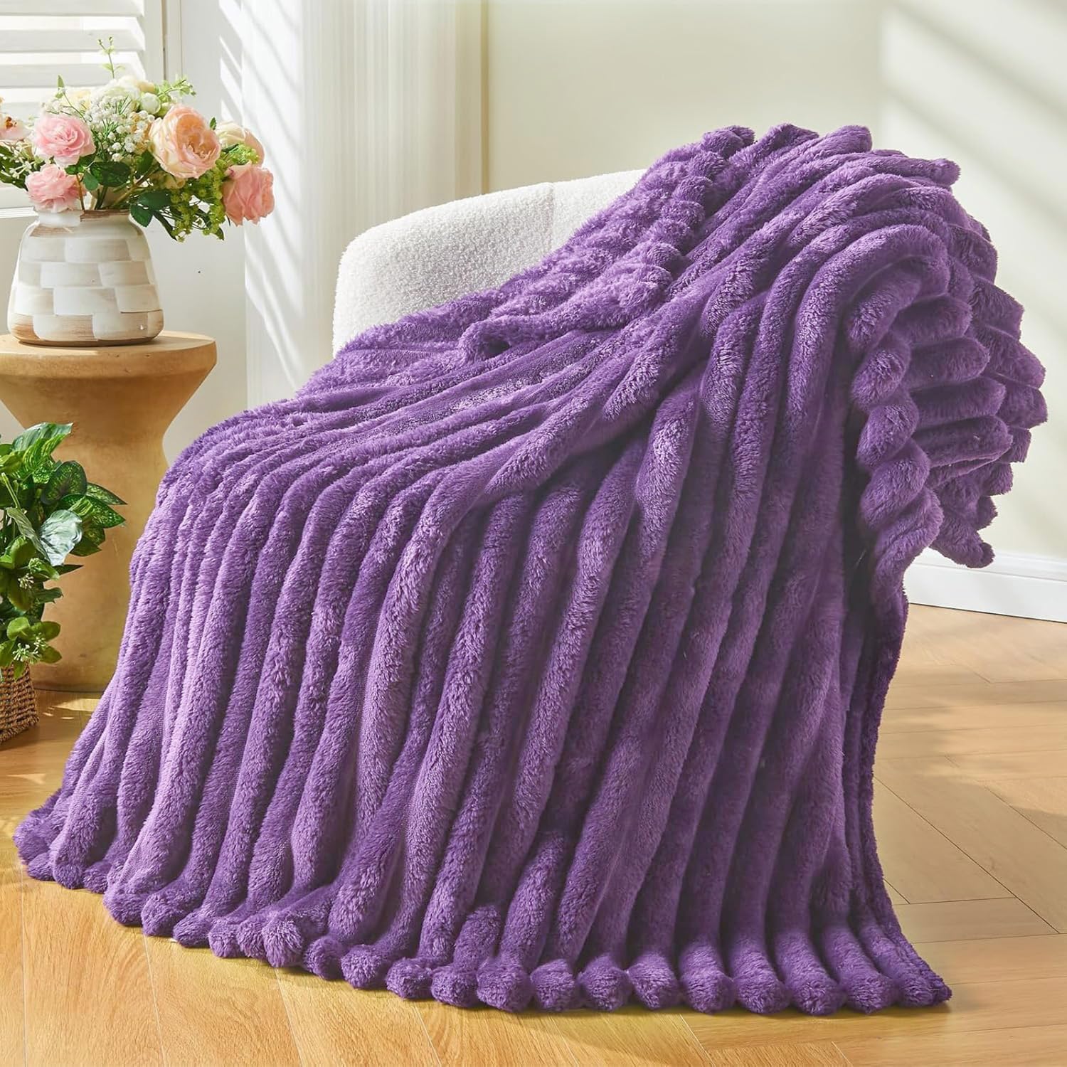 Wajade Fluffy Flannel Blanket Faux Fur Bed Throw Super Soft Warm Large Blanket for Bed Sofa Car Violet 153x203CM