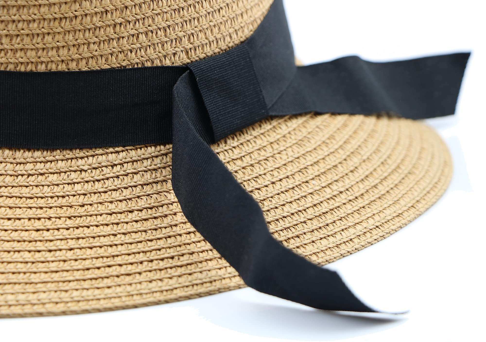 Girls Wide-Brim Straw Sun-Hat for Summer Beach with Bow 2 to 5 Years Khaki