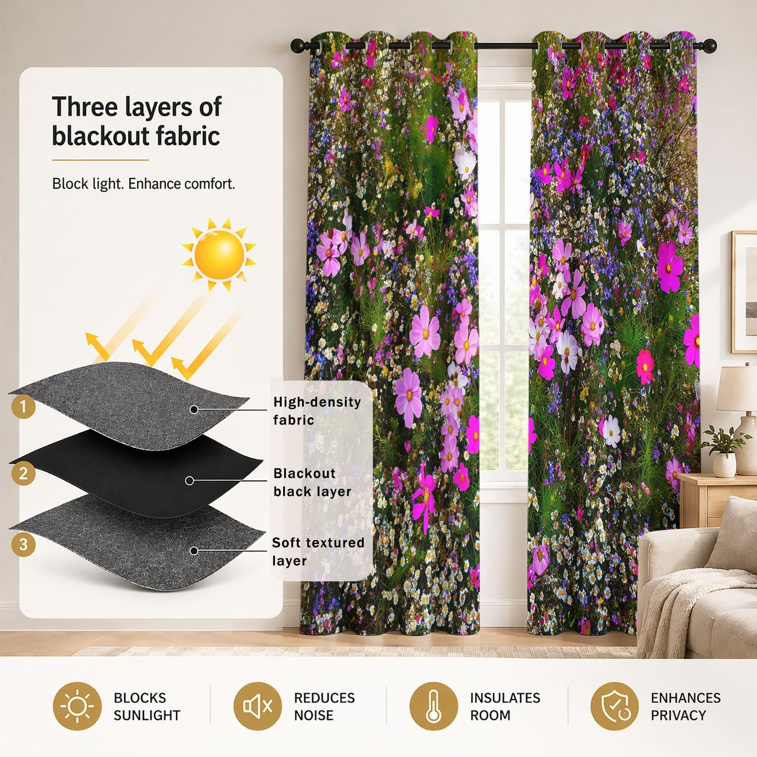 Generisch Kosmeen Gänseblümchen Wildblumen Verdunklungsvorhänge mit Ösen Landhaus Rustikal Blickdichte Gardinen Blackout Vorhang Thermo Weich für Schlafzimmer und Wohnzimmer 2er Set B 91.5 x H 214 cm