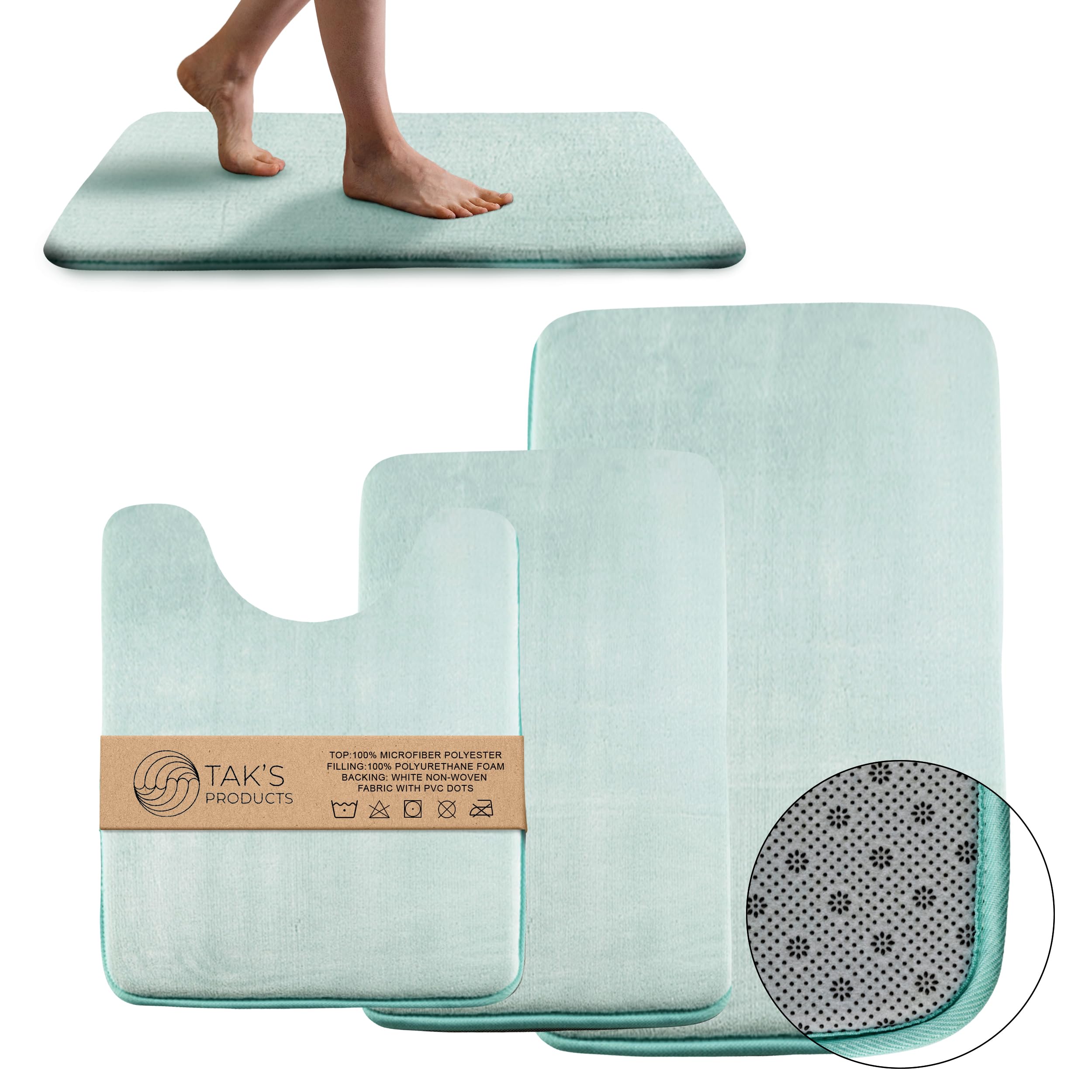 TAK'S PRODUCTS Memory Foam Bath Rug, Bathroom Mat Set of 3, Soft, Plush, Absorbent, Includes 1 Large 20" x 32", 1 Contour 20" x 20", 1 Small 16" x 24" (Aqua)