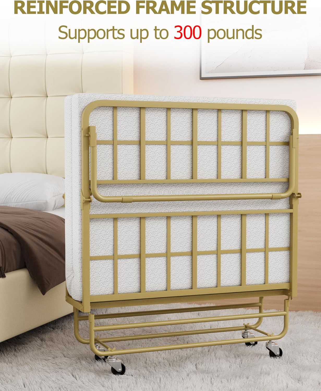 Folding Bed with Mattress Twin, Heavy Duty Steel Slat Frame, Portable Rollaway Bed with Firm Foam Mattress, Easy Assembly, Ideal for Guests & Camping, Gold