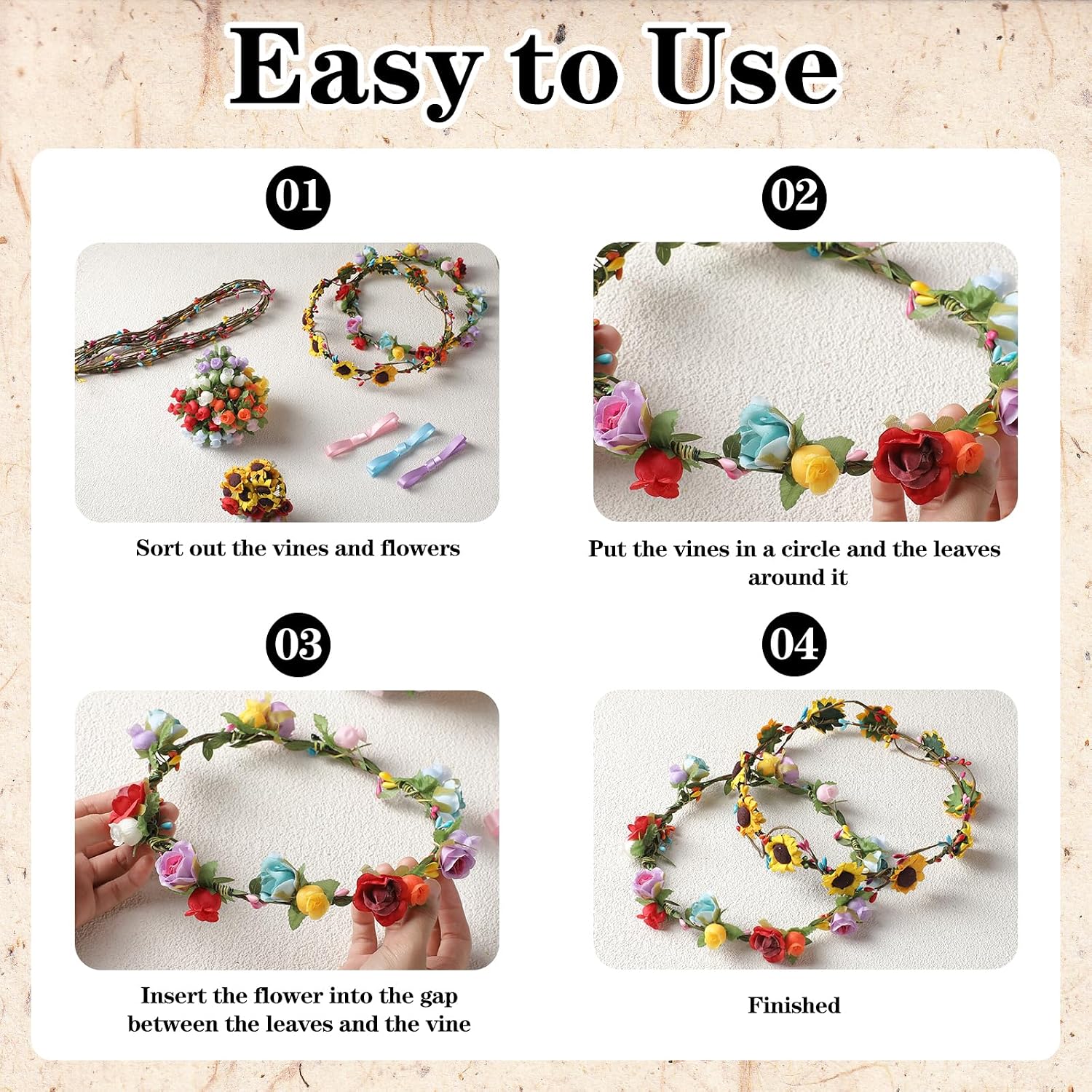 KorViSHOW DIY Flower Crowns Making Kit, 149 Pcs Handmade Rose Sunflower Floral Headband Making Kit, DIY Creativity Fairy Flower Hair Accessories Craft Set for Women Make Your Own Princess Arts Gifts
