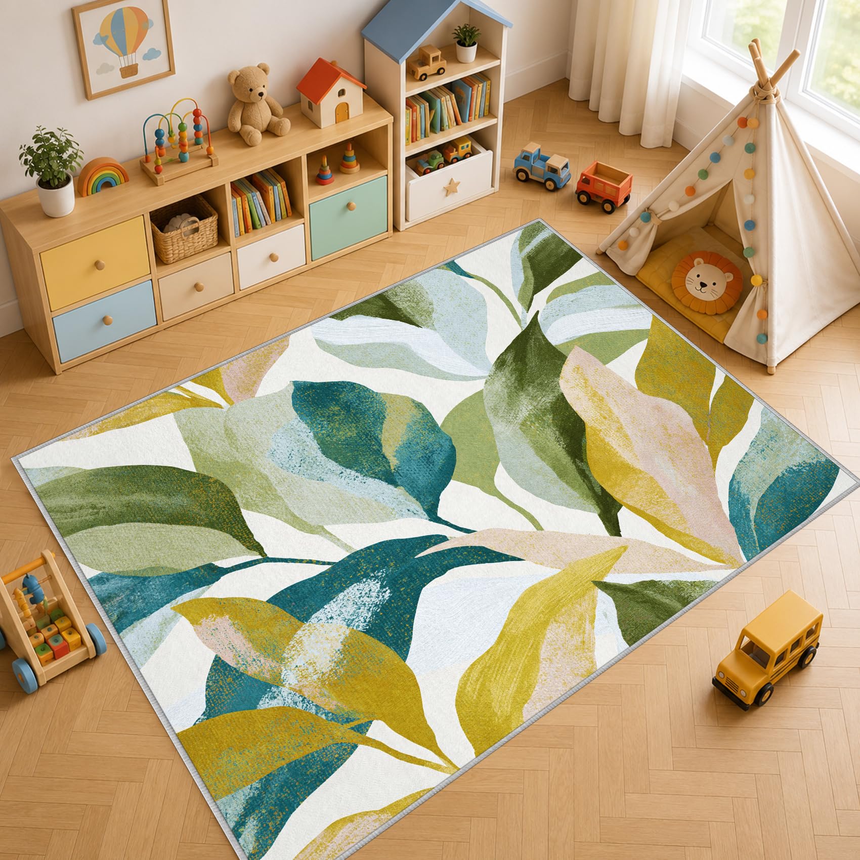 Tapis Salon Feuilles Aquarelle 200x300cm Lavable en Machine Antidérapant
