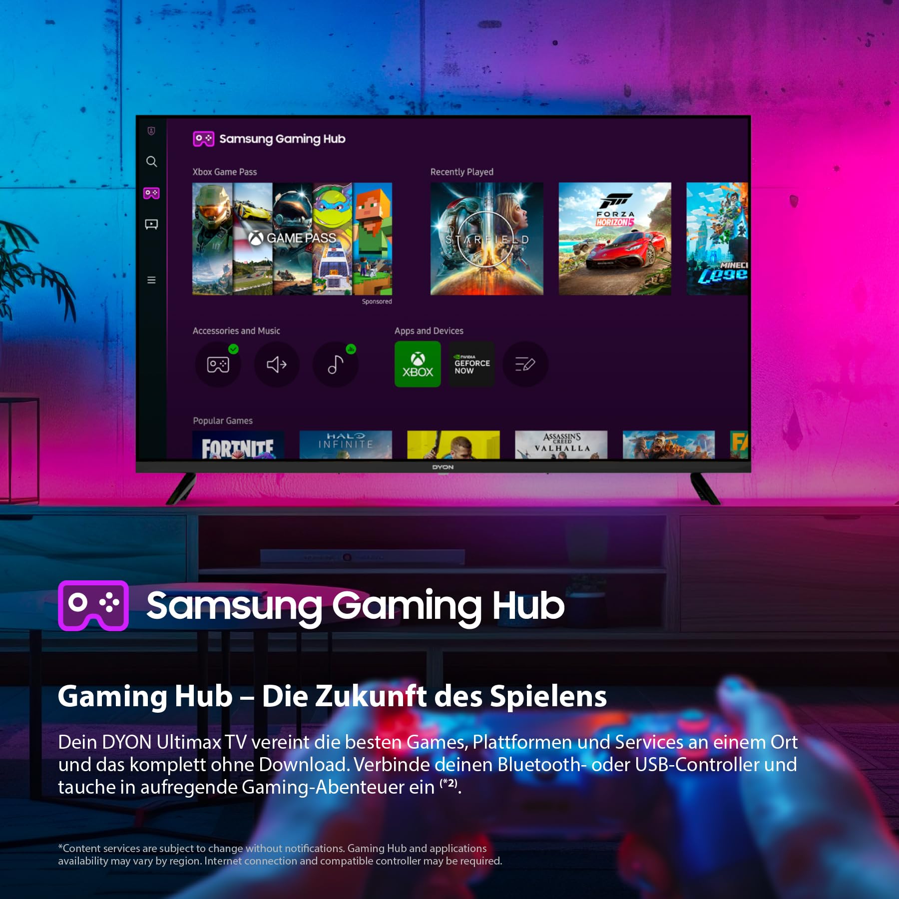 DYON ULTIMAX 40F-TI - 40 Zoll (100 cm) Full-HD Smart TV mit Tizen OS, Triple Tuner (DVB-C/-S2/-T2), Smart & Gaming Hub, Prime Video, Netflix, Disney+