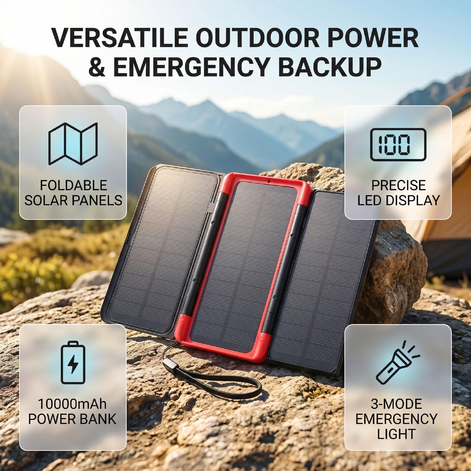 Power Bank Solare da 10000 MAh con Display Digitale, 3 Pannelli Solari Pieghevoli, Uscita Ingresso USB C, Luce SOS di Emergenza per Alimentatore di Emergenza da Campeggio