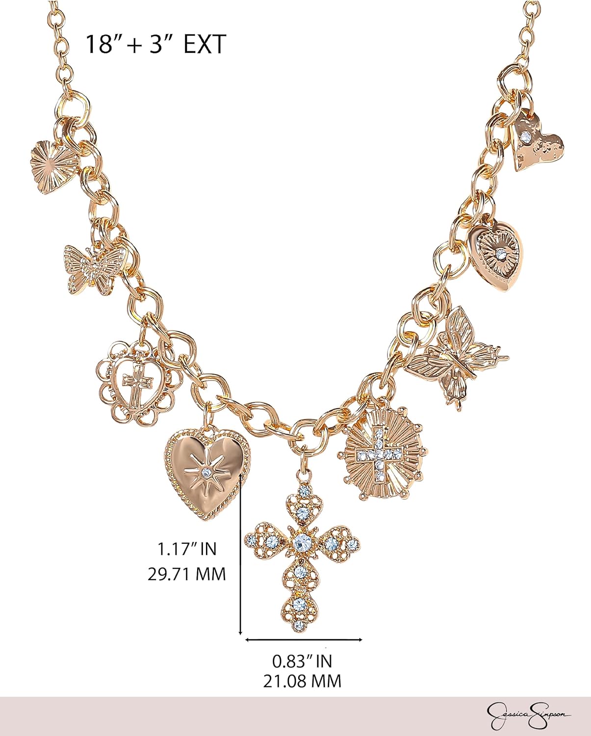 Jessica Simpson Gold-Tone Charm Necklace for Women 18"+3" with Butterfly, Cross, and Heart Charms - Valentines Gifts for Her - Image 5