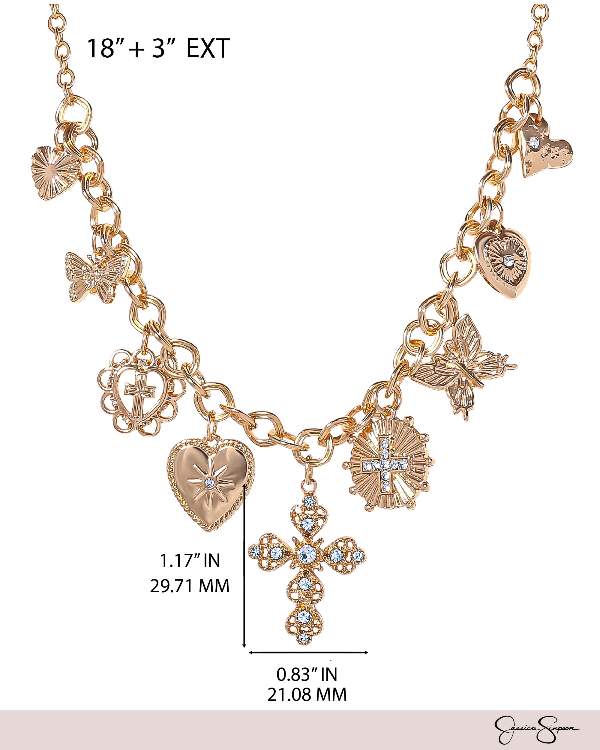 Jessica Simpson Gold-Tone Charm Necklace for Women 18"+3" with Butterfly, Cross, and Heart Charms