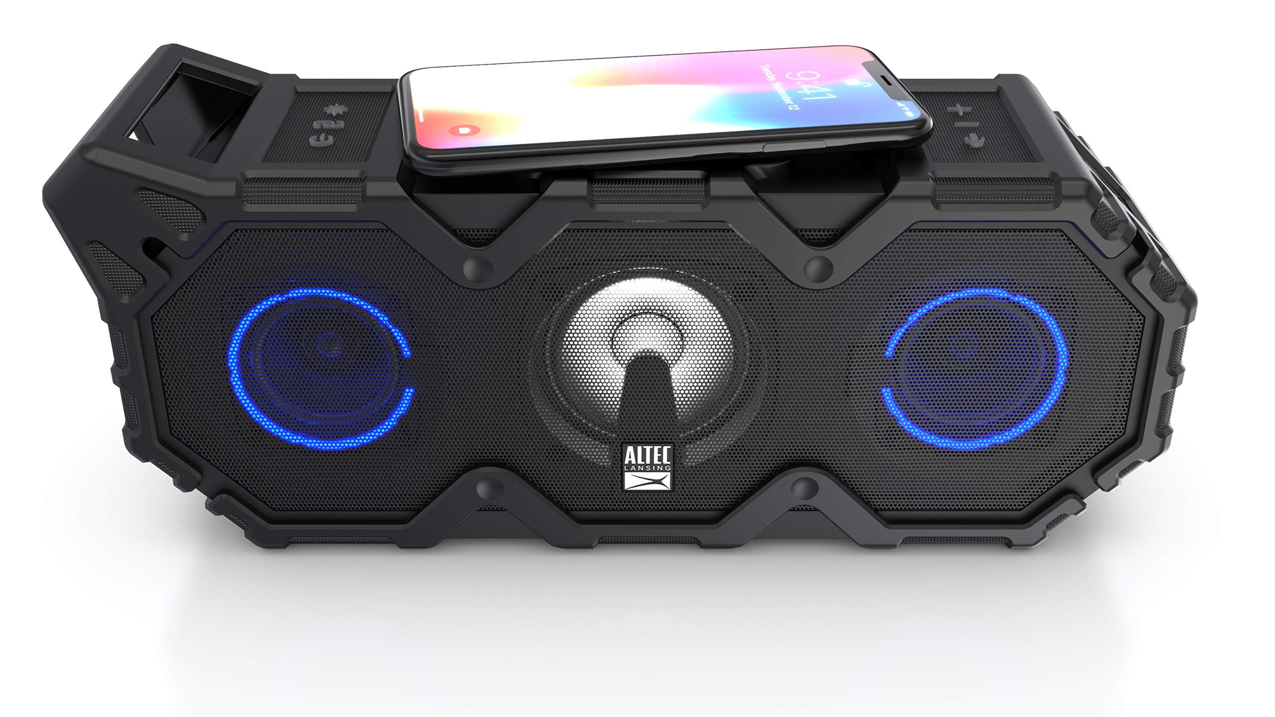 Altec Lansing Super LifeJacket Jolt with Lights, Built in Qi Wireless Charger, Waterproof, Snowproof, Shockproof and it Floats in Water, Up to 30 Hour Battery Life, Black (IMW889L-BLK) (Renewed)
