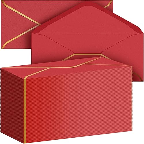 Cholemy Paquete de 100 sobres de negocios #10 con borde dorado, sobres de lujo rojos autoadhesivos con solapa en V para oficina, cheques, facturas,
