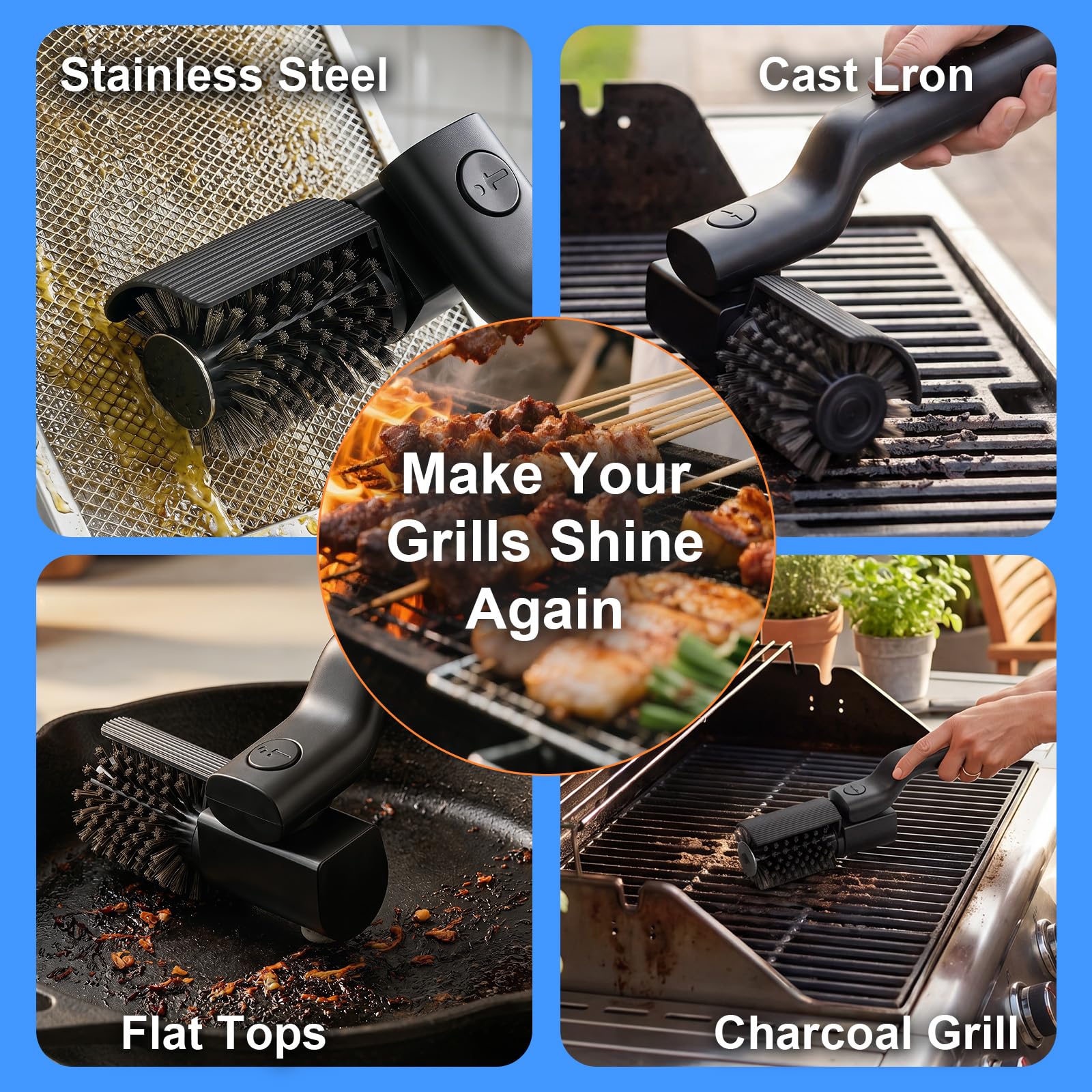 Spazzola Elettrica per Barbecue, Pulisci Griglia BBQ Elettrico Ricaricabile e Senza Fili con 2 Velocità e 2 Testine, Spazzola Barbecue Elettrica, Accessori Completi Regalo Appassionati Grigliate
