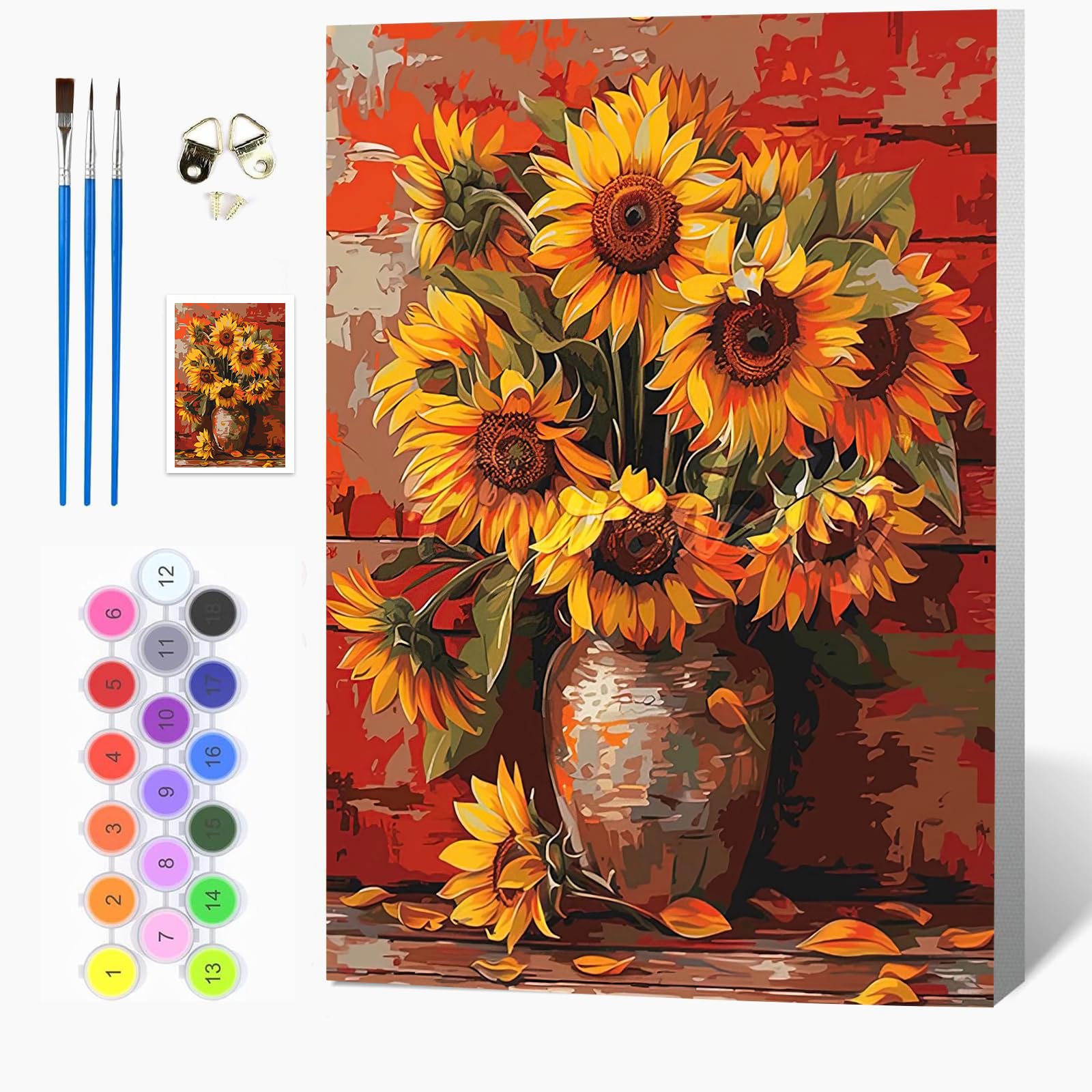 Auremi Sunflower Vase Paint by Numbers Kits Kids Adults, Flower Painting by Number Kits On Canvas,Framed DIY Color Oil Painting Acrylic Paints,Home Wall Decor 20x30cm