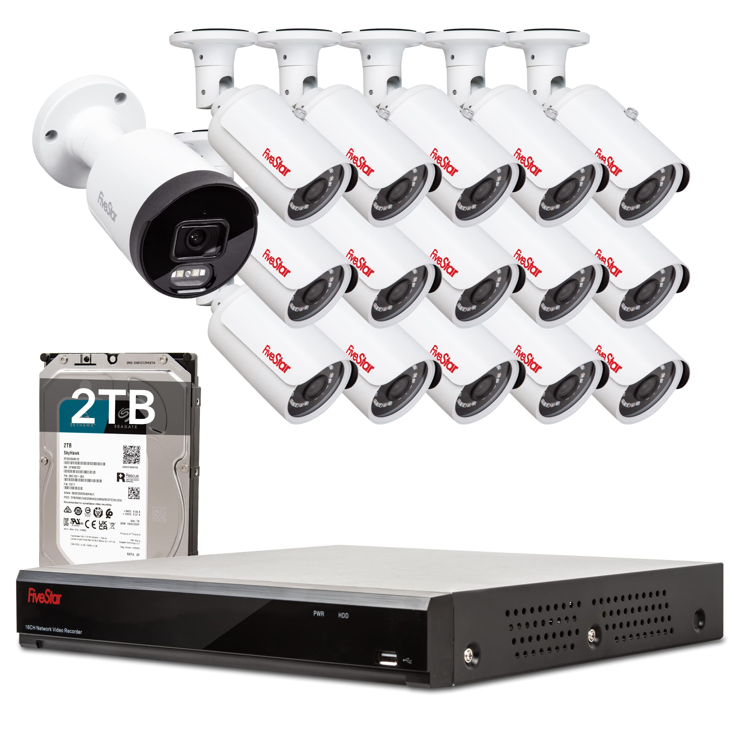 Five Star 4K Professional Security Metal Camera System, 1pc H.265+ 5MP Smart Detection AI Camera & 15pcs 5MP PoE Security Cameras Wired with 4K 16CH NVR with 2TB HDD for 24-7 Recording