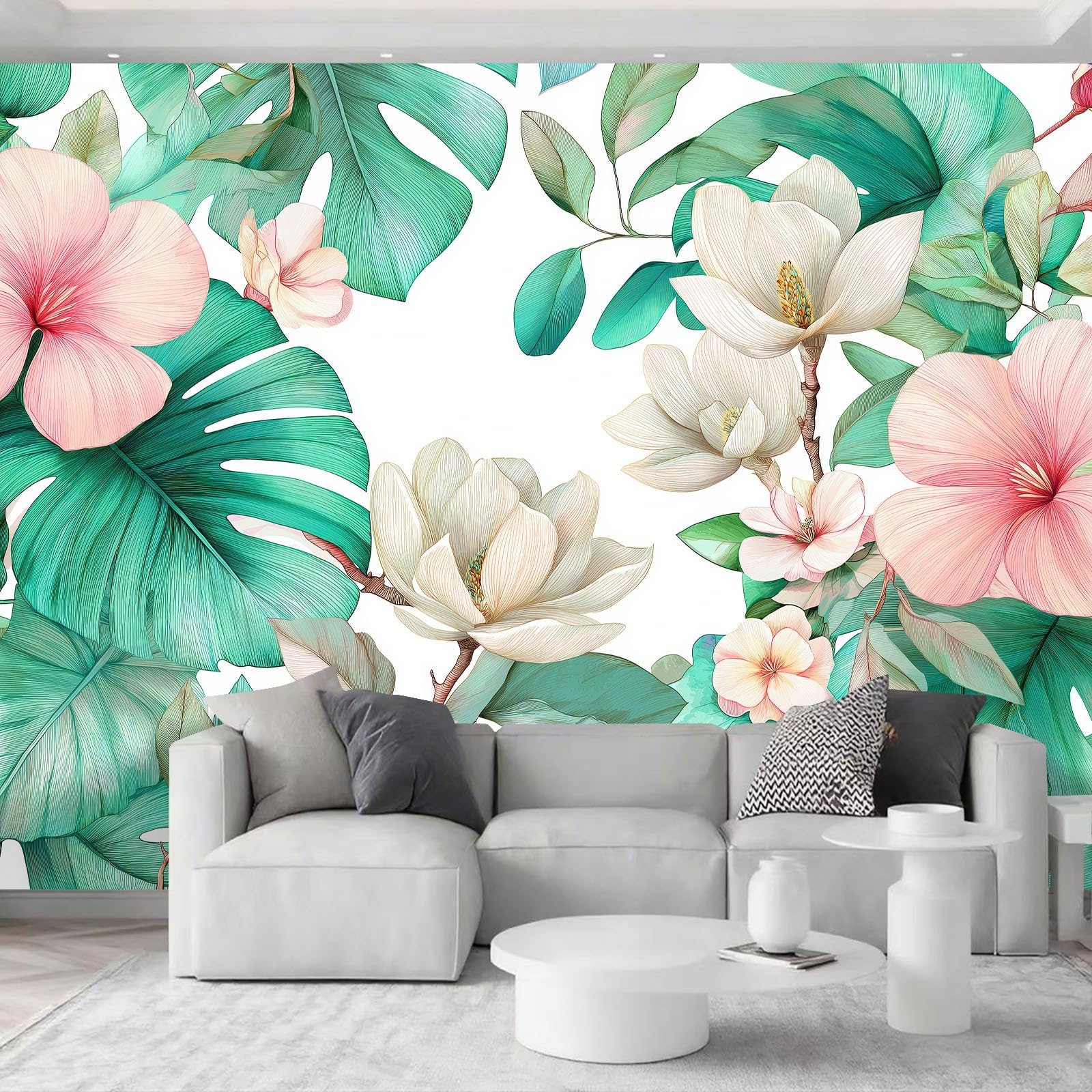 200 x 140 cm niebiesko-biała tapeta do pokoju dziecięcego, przedstawiający kwiaty Magnolia Liście Monstera Mural XXL plakat obrazy ścienne gobelin zdjęcie Trompe l'oeil do sypialni salonu kuchnia