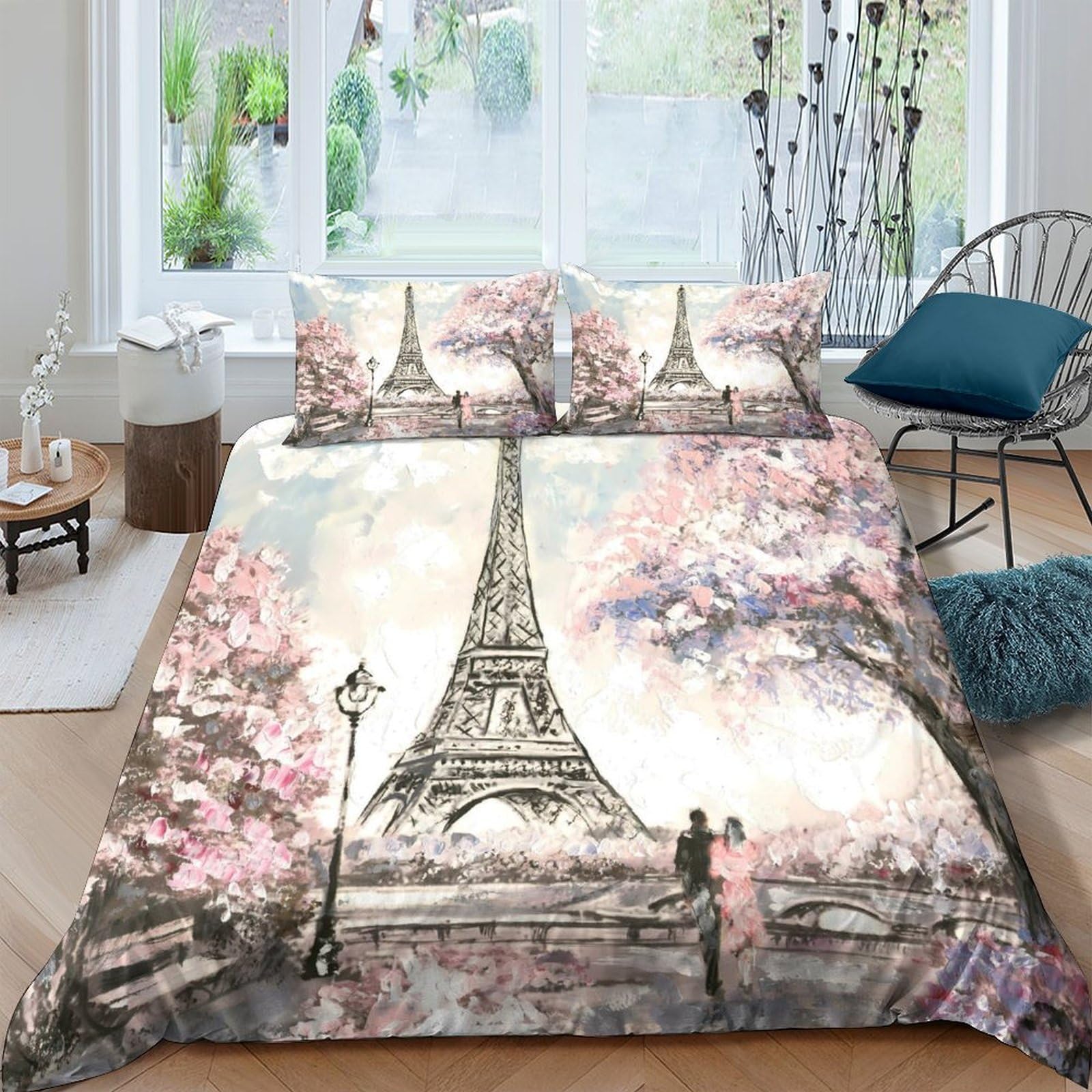 GPLZQXKJNH 3D Printed Eiffel Tower Blossom Duvet Cover Microfiber Soft Breathable Paris Romance Bedding Set with 2 Pillowcases for Bedroom Decor Single（135x200cm）