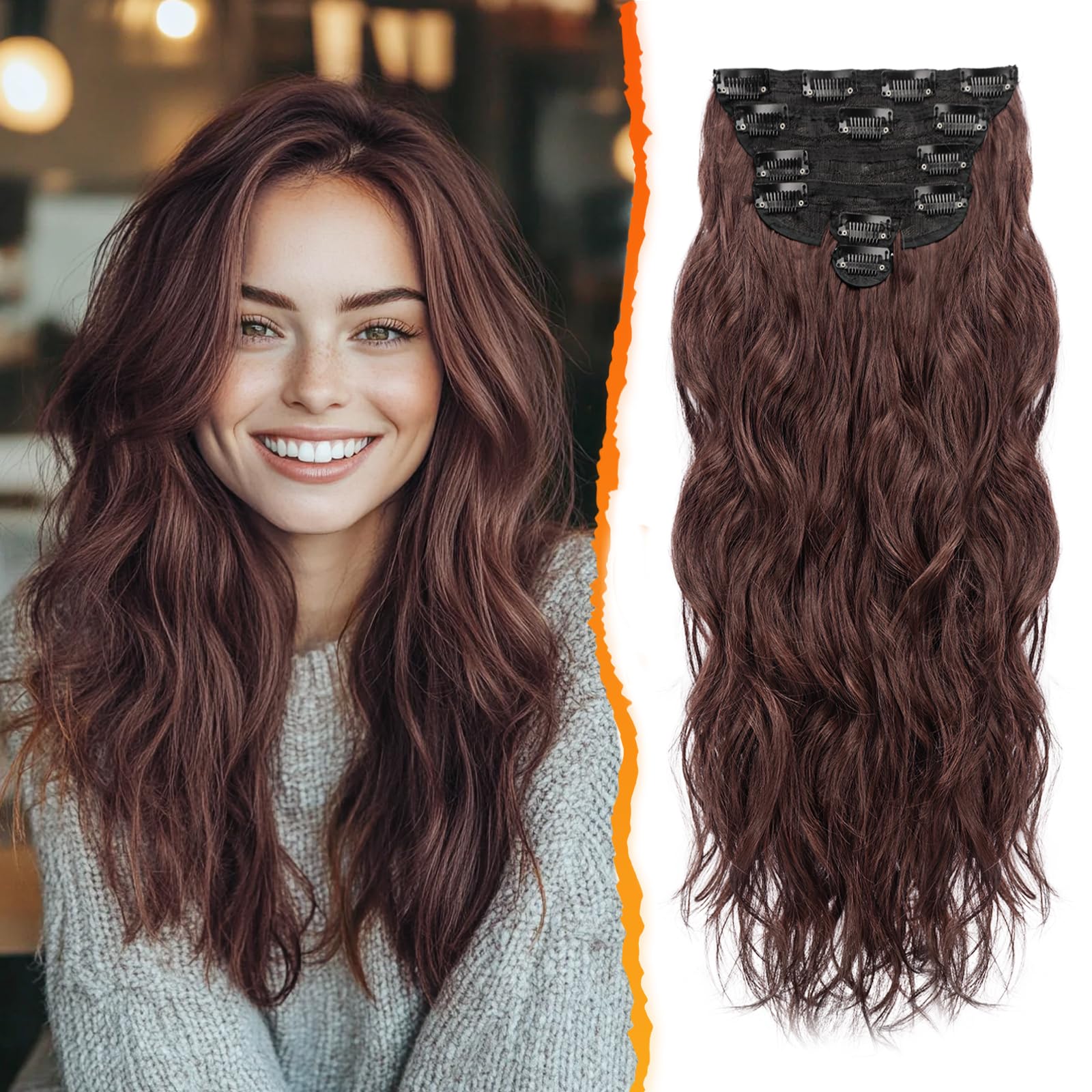 BARSDAR Brown Clip-in Hair Extensions - 20 Inch Wavy Synthetic Chestnut Hair Extensions - 6PCs Soft Thick Clip-ins - Reddish Chestnut Brown