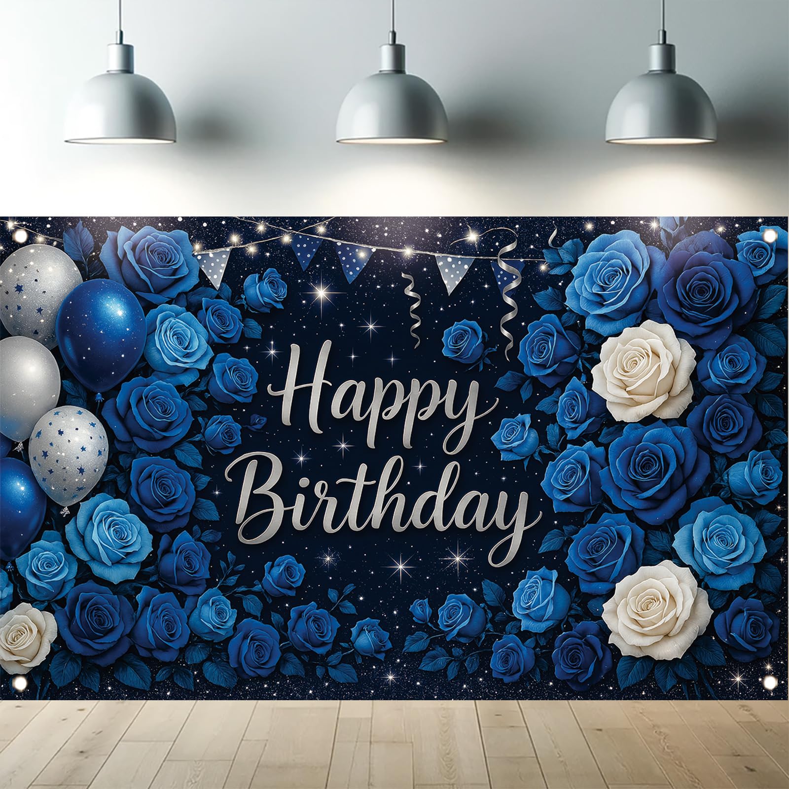 Starlit Patio Happy Birthday Backdrop Banner Navy Blue Rose Floral Photobooth Photography Background Balloons Decorations for Men Women Boys Girls