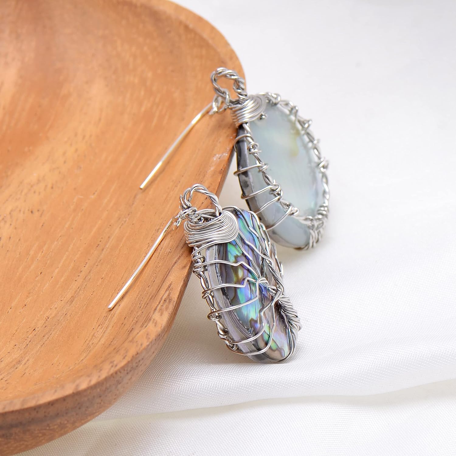 Handmade Round Disc Abalone Shell Dangle Earrings for Women, Silver Wire Craft Tree of Life Earrings - Image 5