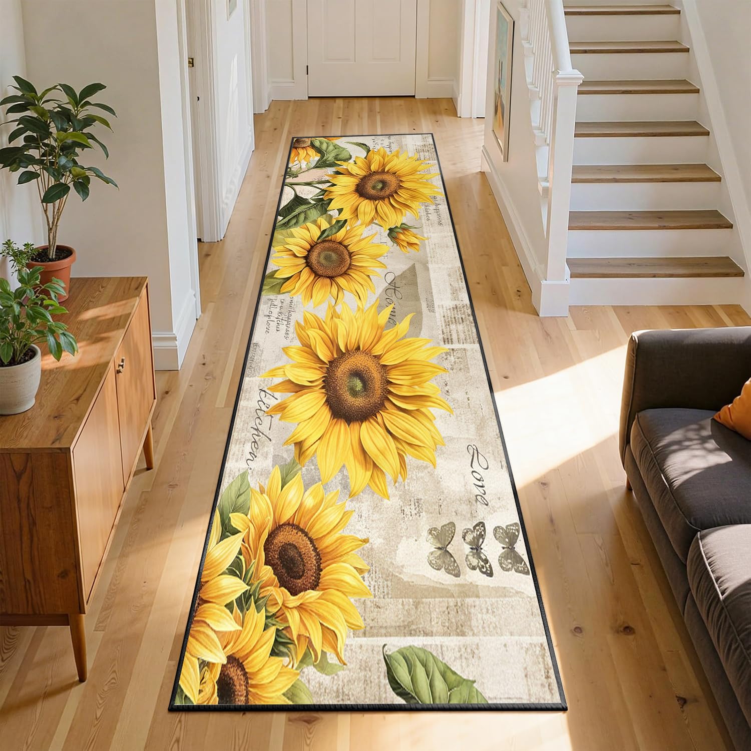 Schäbig Schick Sonnenblumen Schmetterlinge Flur Läufer Teppich, 60x180cm, Nostalgisch Vintage Zeitung Küche Matte, Widerstandsfähig Weich Haustier Freundlich Teppiche, für Boden