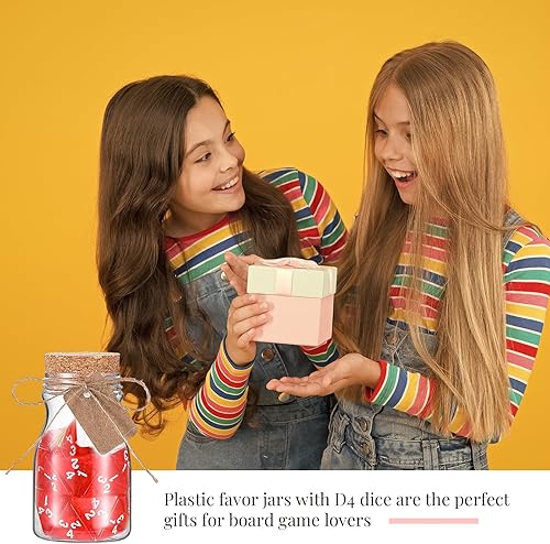 Miniatura 7 de Wettarn 120 dados rojos transparentes D4, 6 botellas de maceta, tarros de plástico con tapas de corcho, botellas de poción curativa, juego de dados