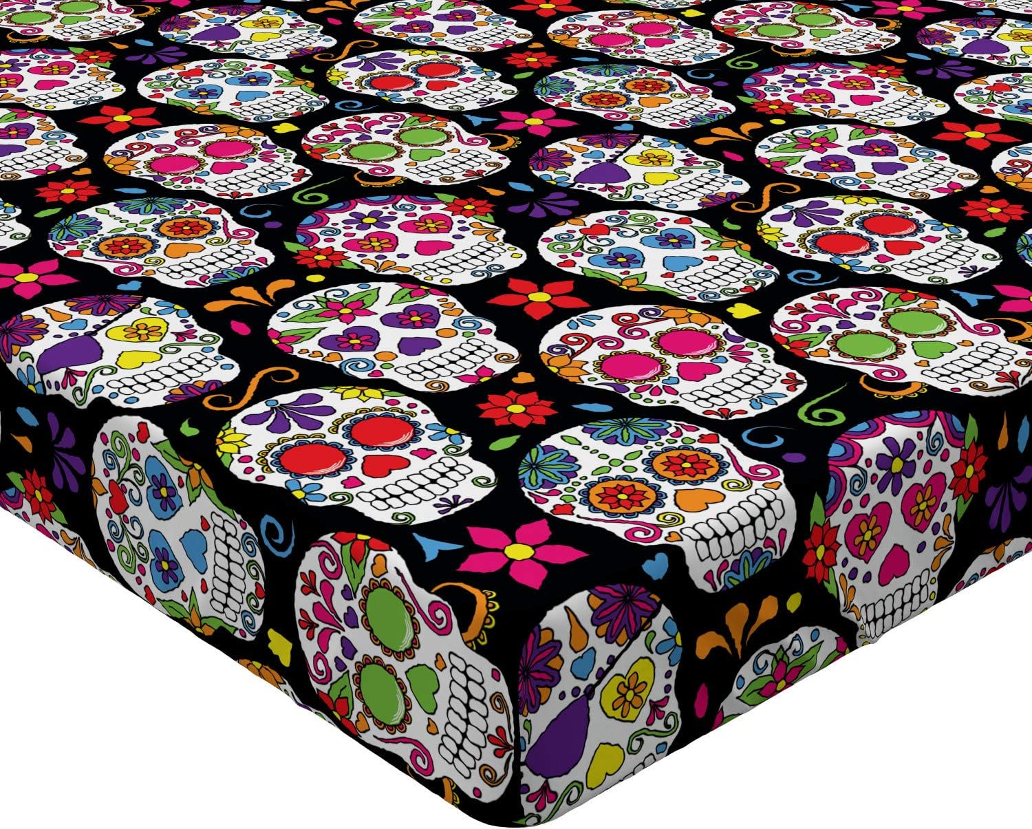 Ambesonne Sugar Skull Fitted Sheet, Skeleton Theme Day of The Dead Sugar Skull Pattern with Different Ornaments, Soft Decorative Fabric Bedding All-Round Elastic Pocket, Queen Size, Black Multicolor