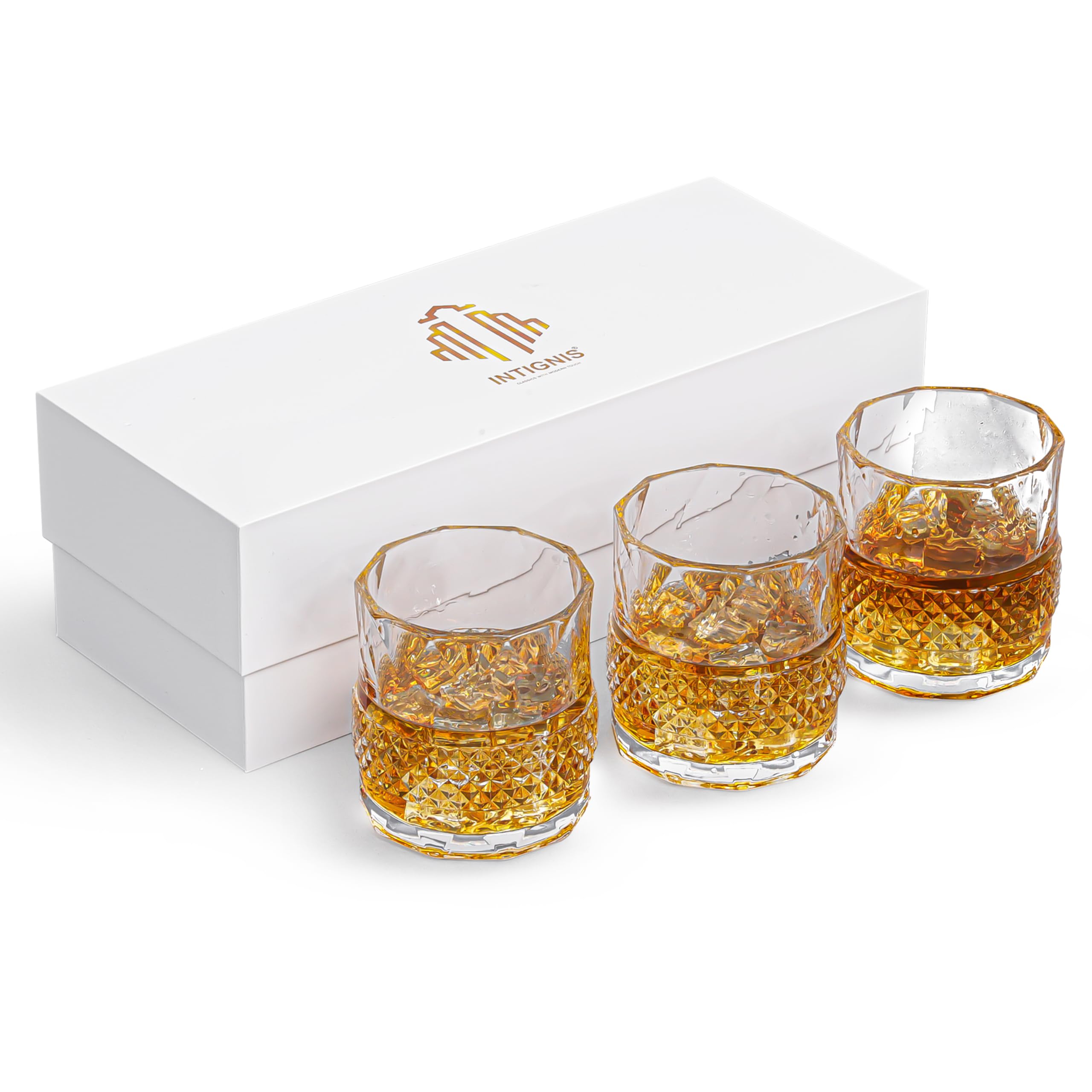 INTIGNIS® Coffret 3 Verres à Whisky 350 ml – Verres Design Taillés & Polis à la Main, Base Lourde, Emballage Cadeau Premium