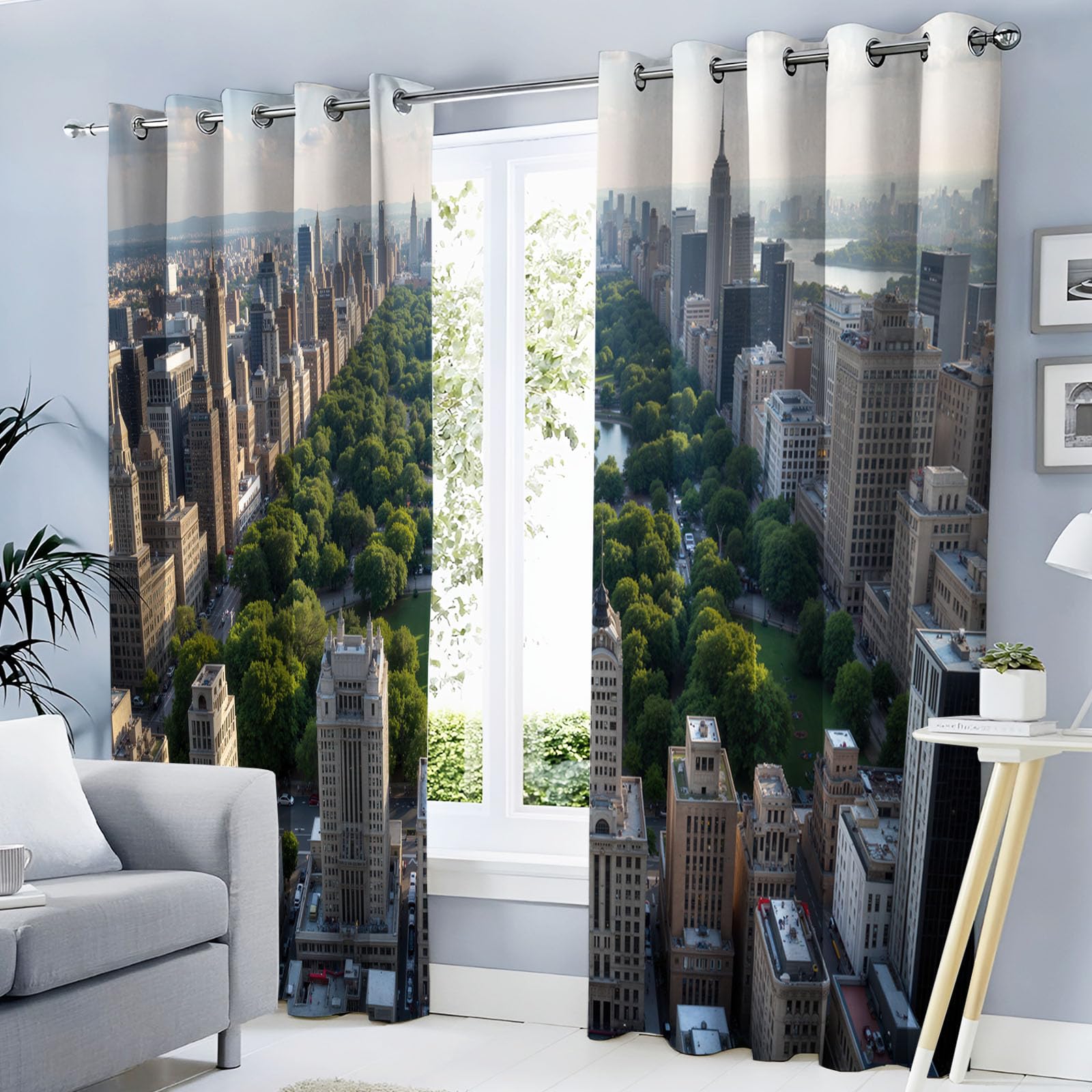 Gebäude Vorhänge, Städtische Naturlandschaft Vorhang Blickdicht Thermo Verdunkelungsvorhänge Mit Ösen - Grau Gardinen Wohnzimmer Schlafzimmer Fenster - H214 X B91.5 cm (2Er Pack)