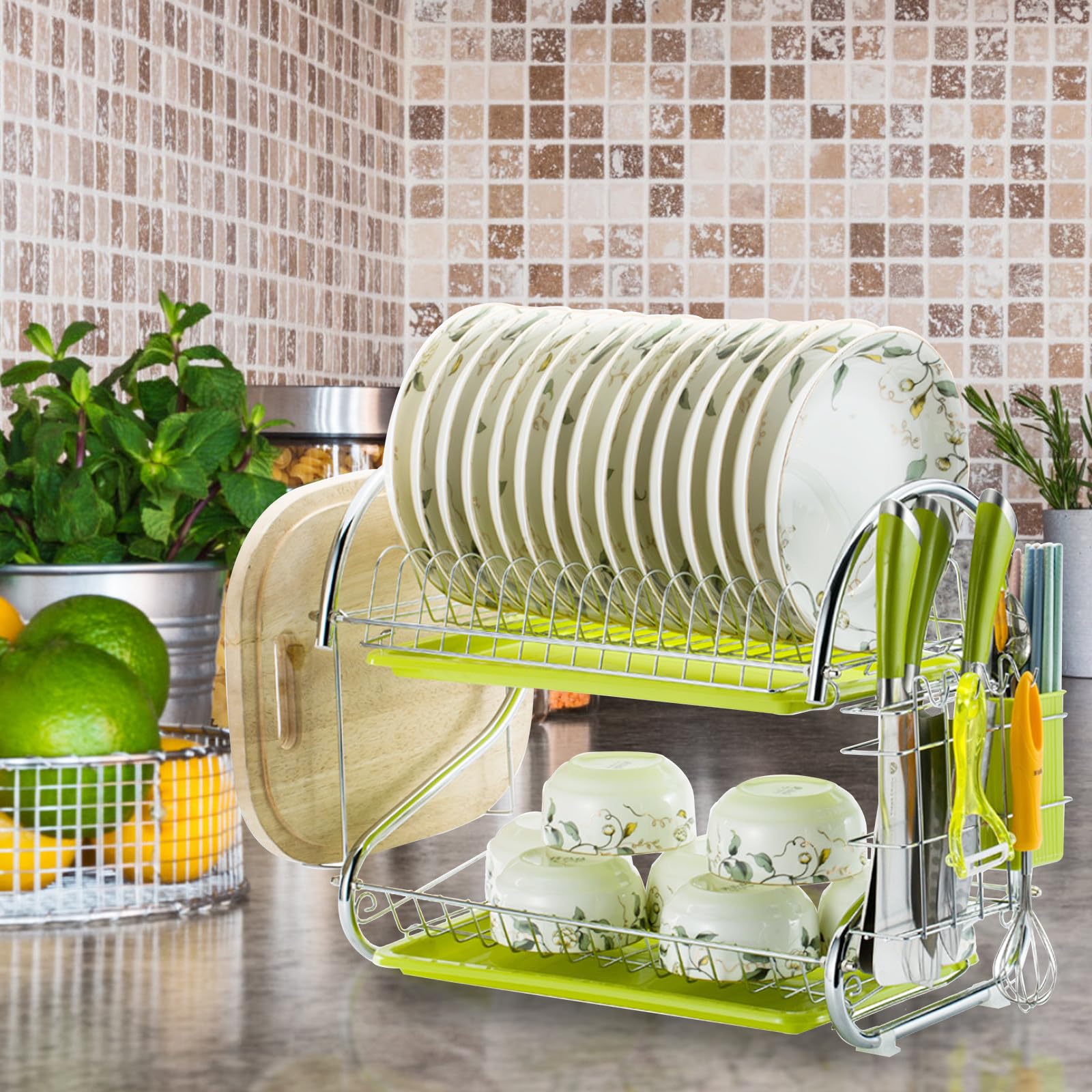 SUPVOX Égouttoir à Vaisselle Double Couche en Métal Vert Porte-ustensiles Intégré et Système de Drainage Pratique Cuisine, Hôtels et Restaurants