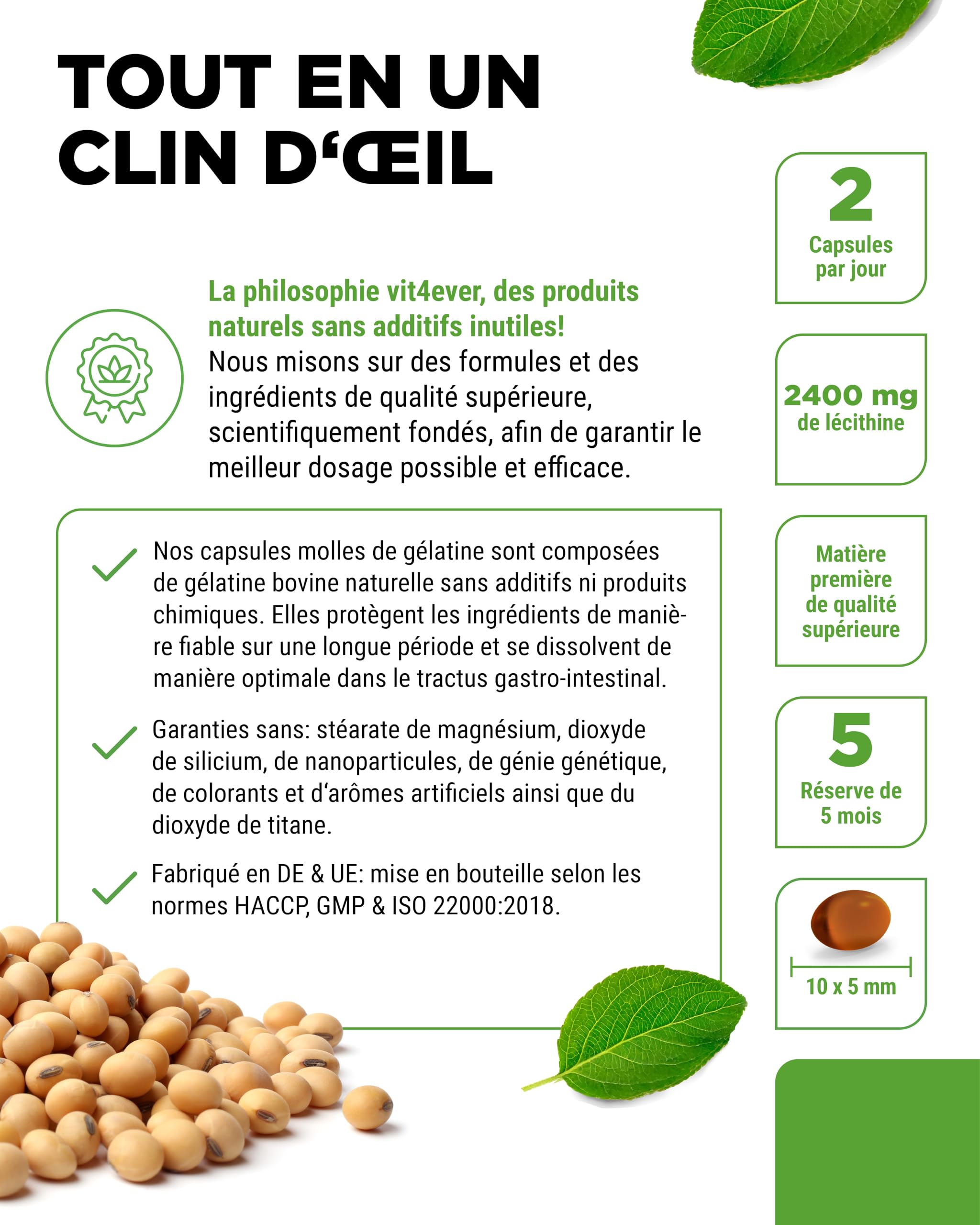 Lécithine 1200 mg - 300 Softgels - Premium : avec Phosphatides - Lécithine de Soja sans OGM - Haute Dose - Qualité Premium