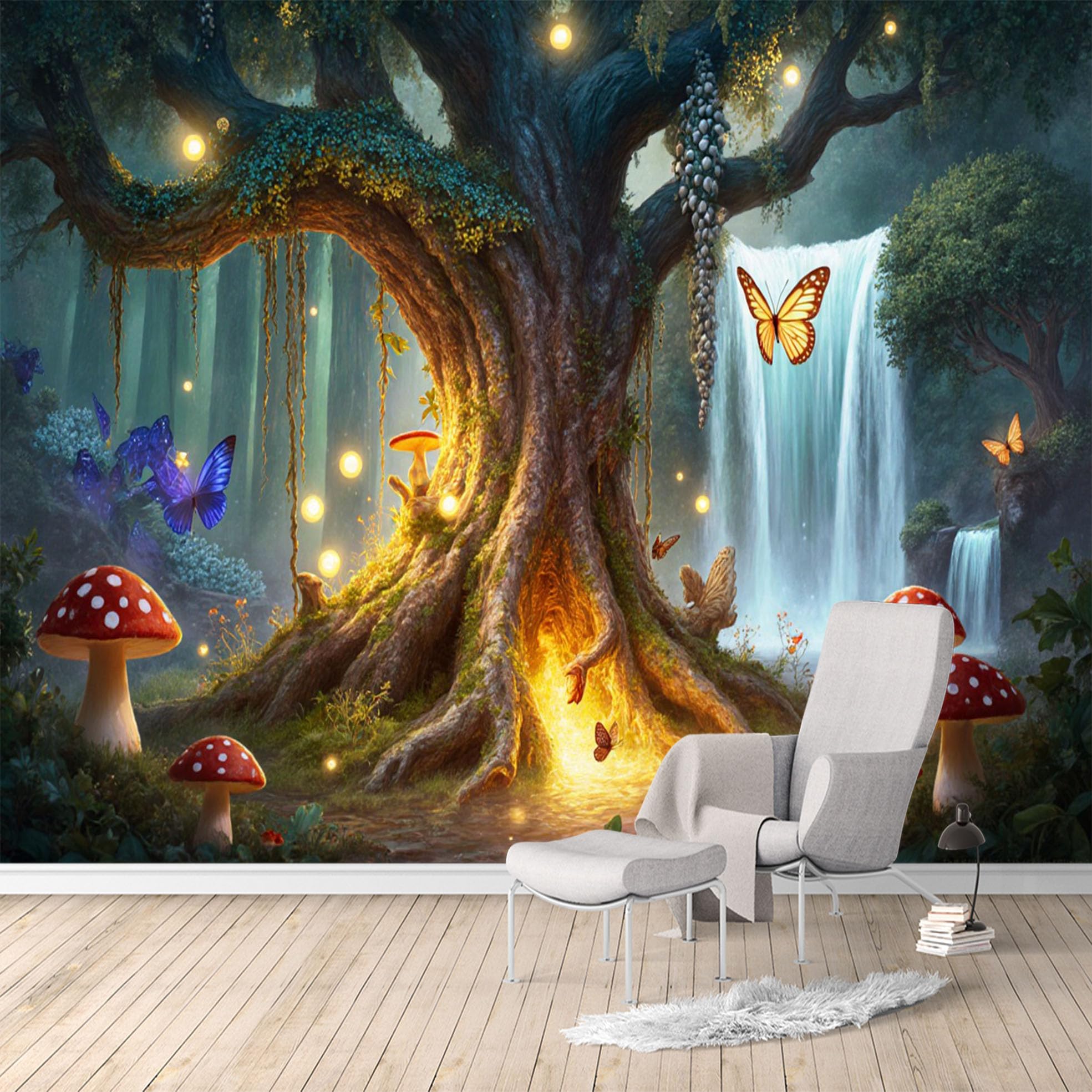 Custom Size Wall Murals, Enchanted Forest Waterfall Butterfly & Mushroom, SelfAdhesive Water Activated Removable Wall Covering, Large Photo Wallpaper for Living Room Bedroom Office