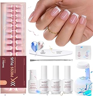Beetles Press On Nail Kit-Short Square French Tip Press On Nails, 150Pcs Pink French Nail Tips with Nail Glue & Remover Builder Top Coat Nail Lamp, All-in-One DIY Fake Nails Gift for Women