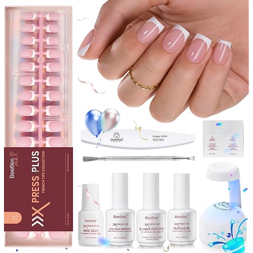 Beetles Press On Nail Kit-Short Square French Tip Press On Nails, 150Pcs Pink French Nail Tips with Nail Glue & Remover Builder Top Coat Nail Lamp, All-in-One DIY Fake Nails Gift for Women
