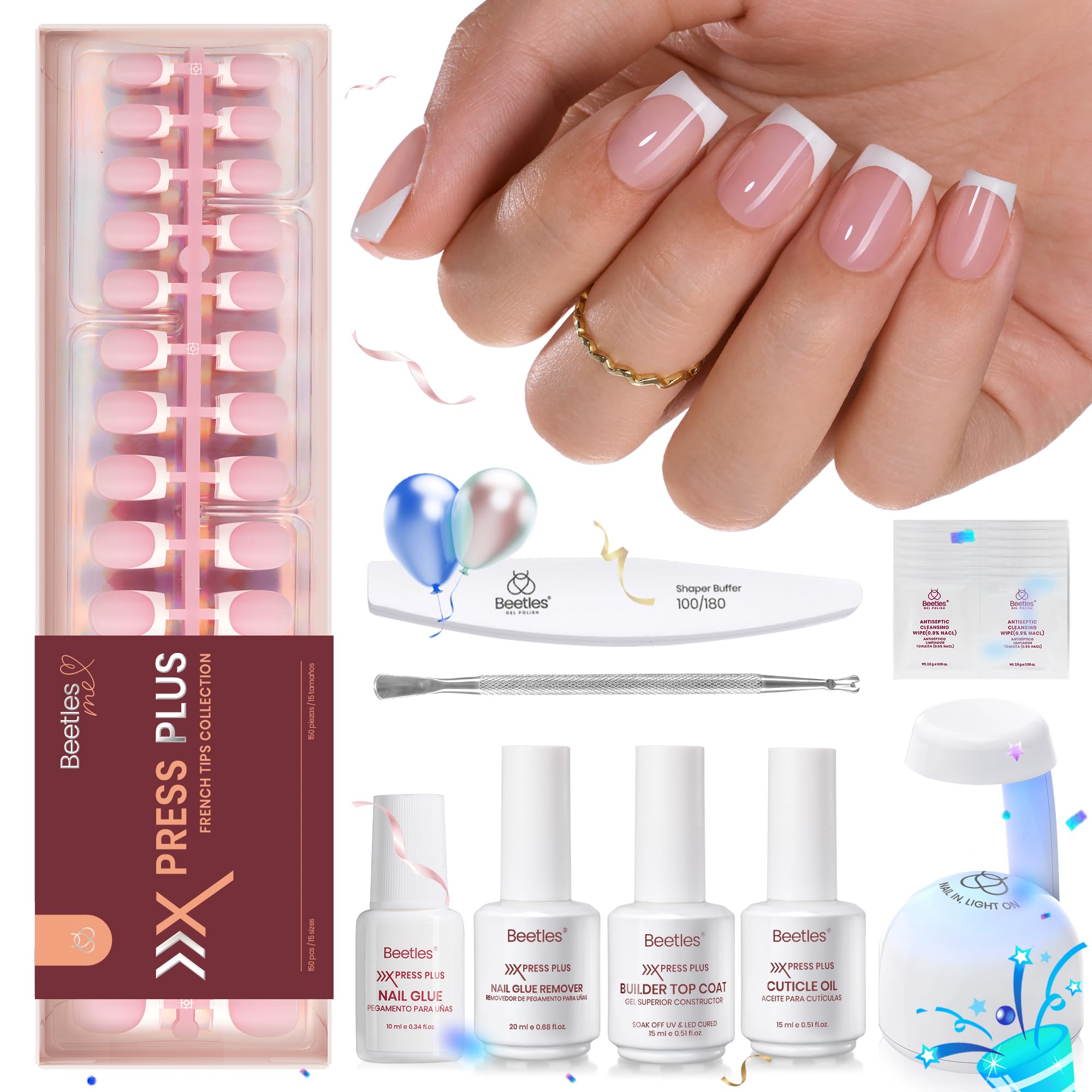 Beetles Press On Nail Kit-Short Square French Tip Press On Nails, 150Pcs Pink French Nail Tips with Nail Glue & Remover Builder Top Coat Nail Lamp, All-in-One DIY Fake Nails Gift for Women