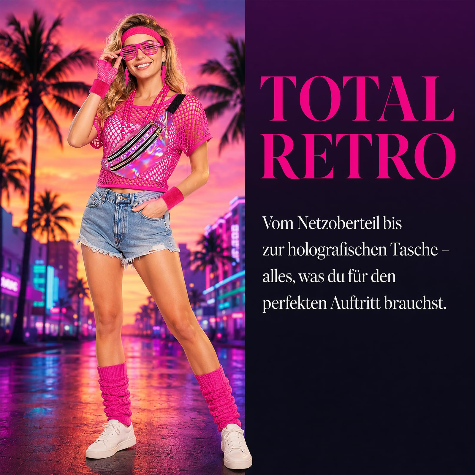 80er Jahre Accessoires Damen 90er Set, mit Oberteil, Gürteltasche, Socken, Haarband, Halskette, Ohrringe, Brille, 80er 90er Jahre Accessoires Outfit Damen 80s für Karneval Neon Party
