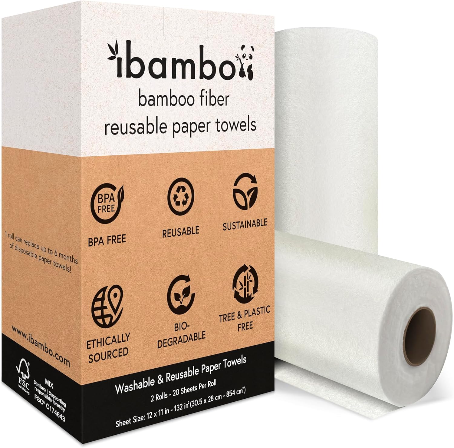 Reusable Bamboo Paper Towels |Heavy Duty, Absorbent & Durable | Reusable Washable Paper Towels | FSC Certified | 100% Rayon Derived From Bamboo | Kitchen Towels | 20 Sheets, 12″x11″ | 2 Rolls