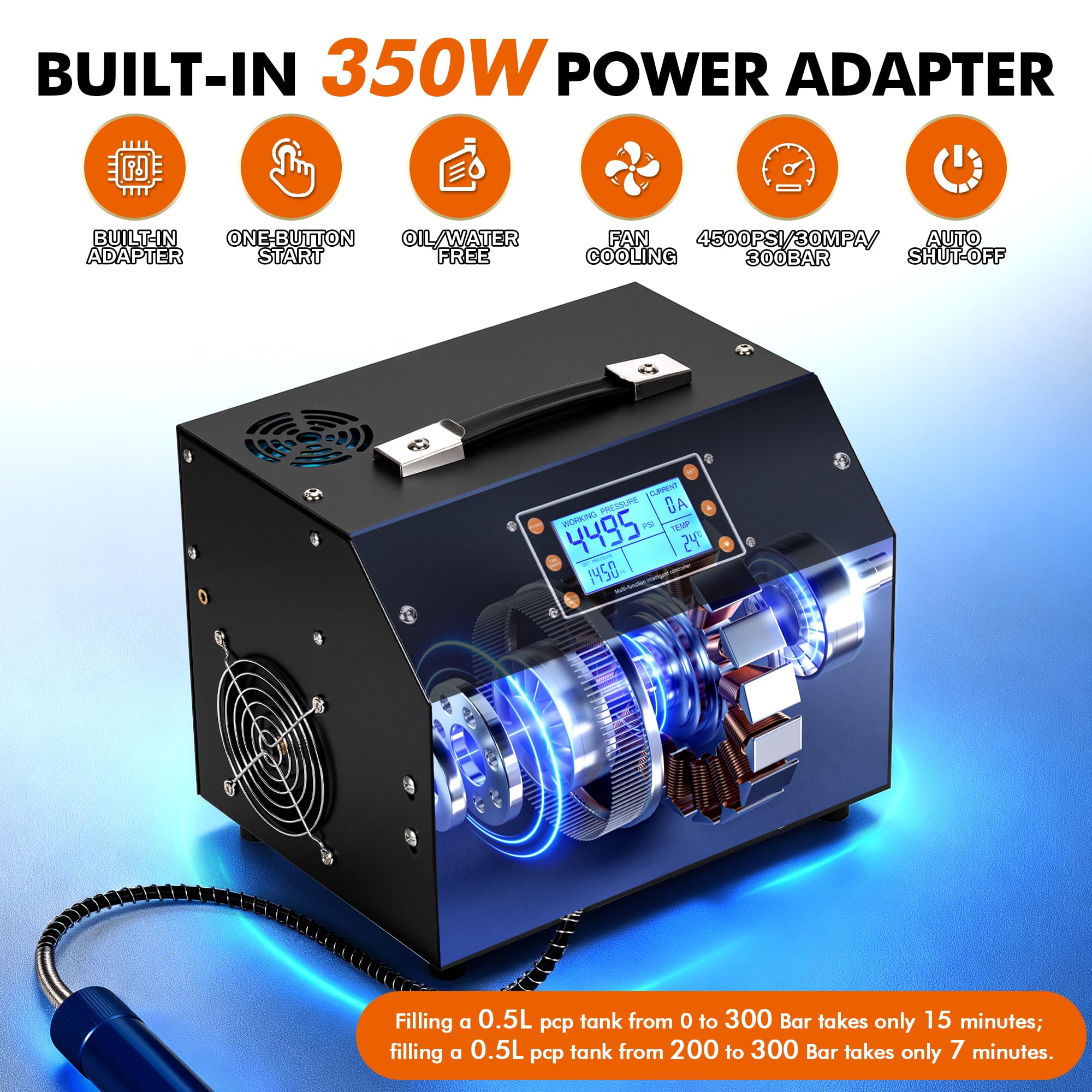 Compresor de Aire PCP TUXING de 4500 PSI, Versión con Pantalla LCD, Parada Automática, sin Aceite ni Agua, Transformador Integrado y Sistema de Drenaje para Rifles y Pistolas de Aire Comprimido PCP