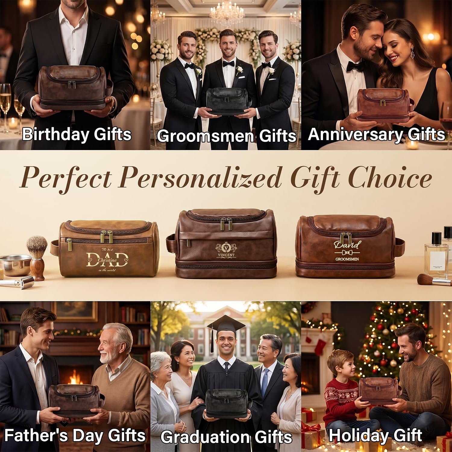 Gifts for Men, Personalized Toiletry Bag for Men, Custom Name & Text, Leather Travel Toiletry Kit, Gift for Birthday, Wedding, Anniversary, Husband, Grandpa, Lover