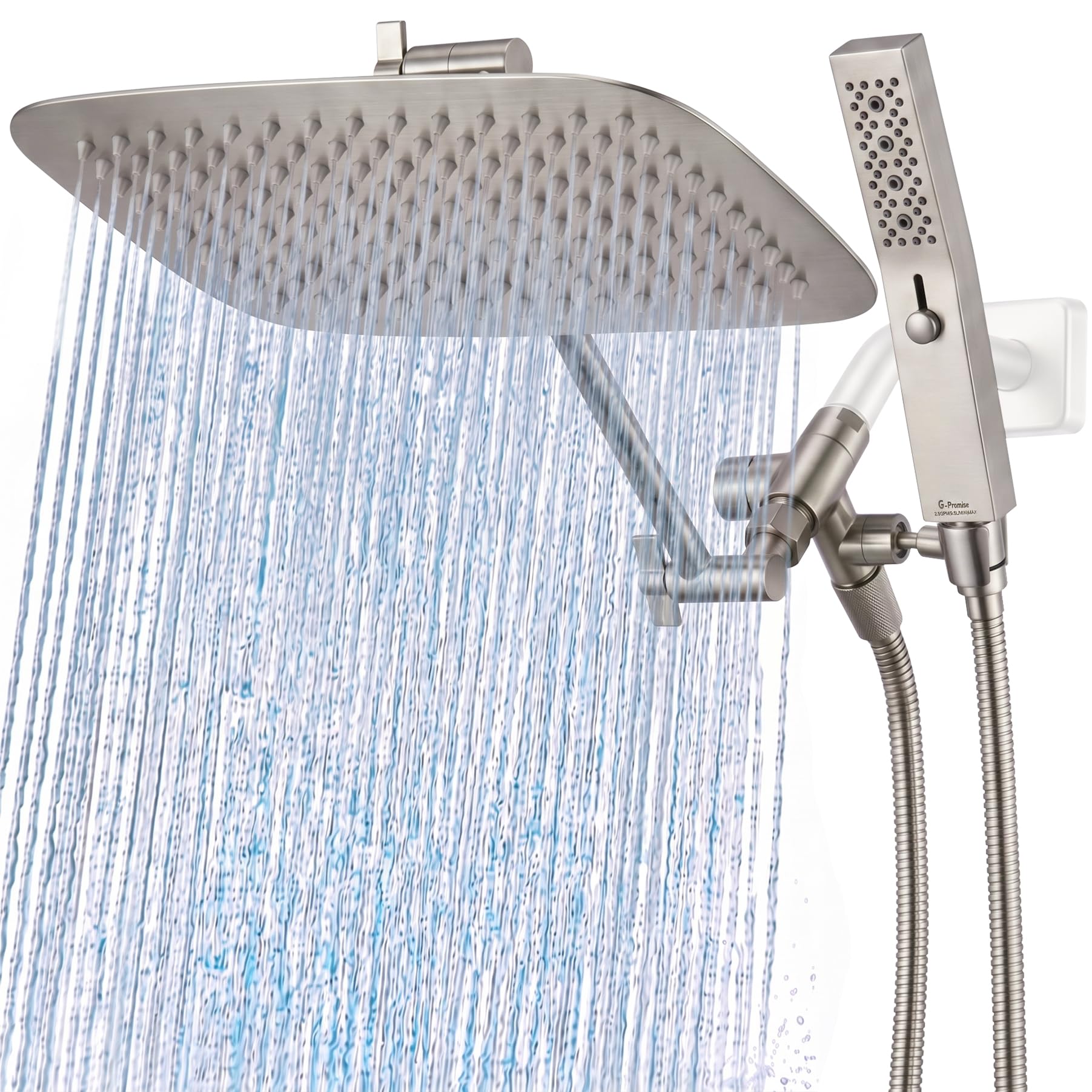 G-Promise 12" Dual Shower with Portable Spray Combo | Rain Shower with Portable Massage Mode | 3-Way Diverter with Adjustable Extension Arm, Stainless Long Hose
