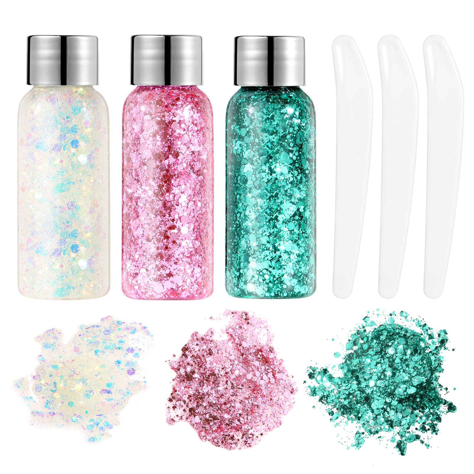 URAQT Body Glitter Gel, Chunky Glitter Gel, Chunky Body Lotion Glitzer Flüssiger Lidschatten, Meerjungfrau Pailletten Funkelnde für Gesicht Haare Lippen Nägel Make Up (weiß+rosa+grün)