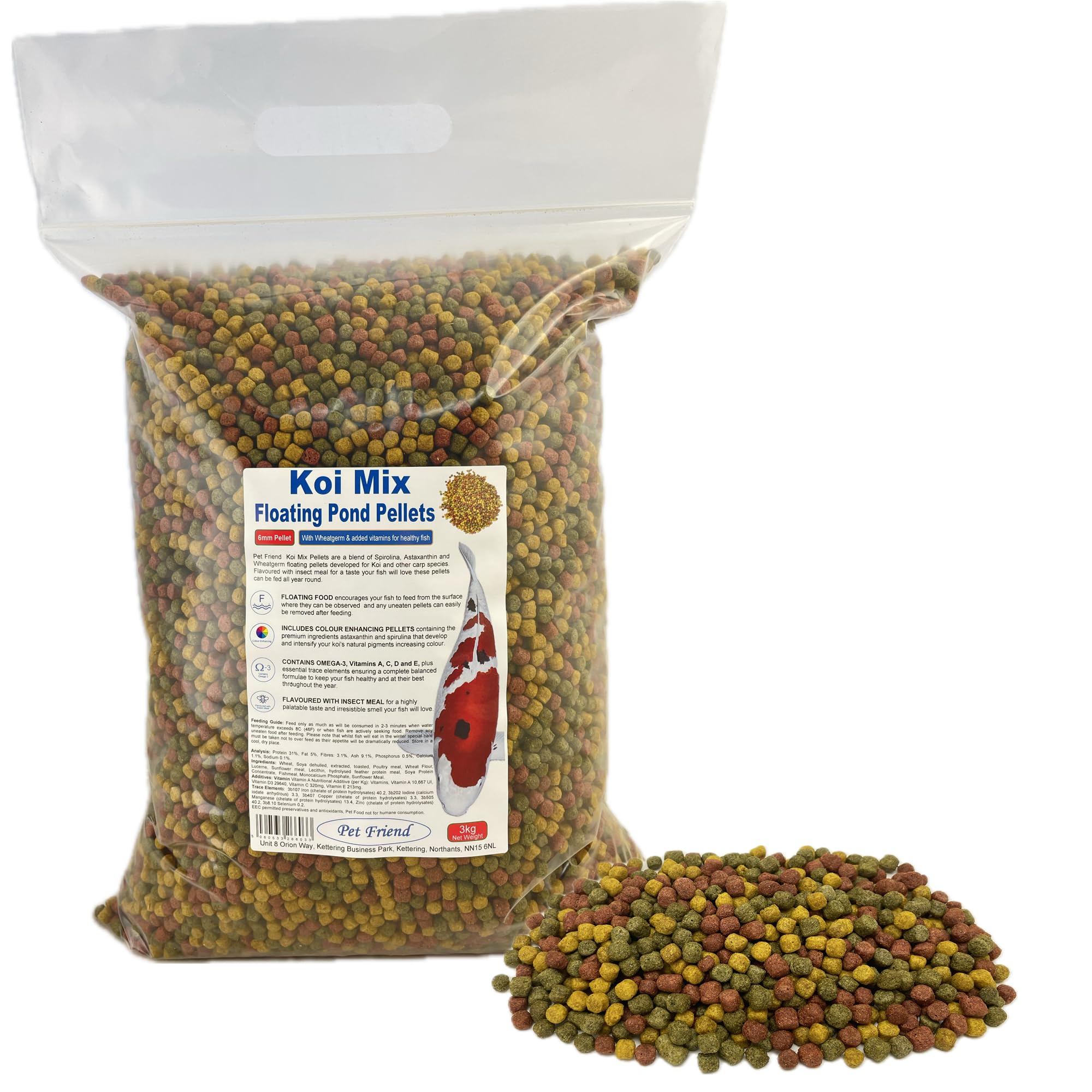 Pet Friend Koi Mix Floating Pond Pellets 3kg 6mm Variety Fish Food For Japanese Koi Carp & Goldfish Easily Digested Formula Colour Enhancing Spirulina Astaxanthin & Wheatgerm For All Year Feeding