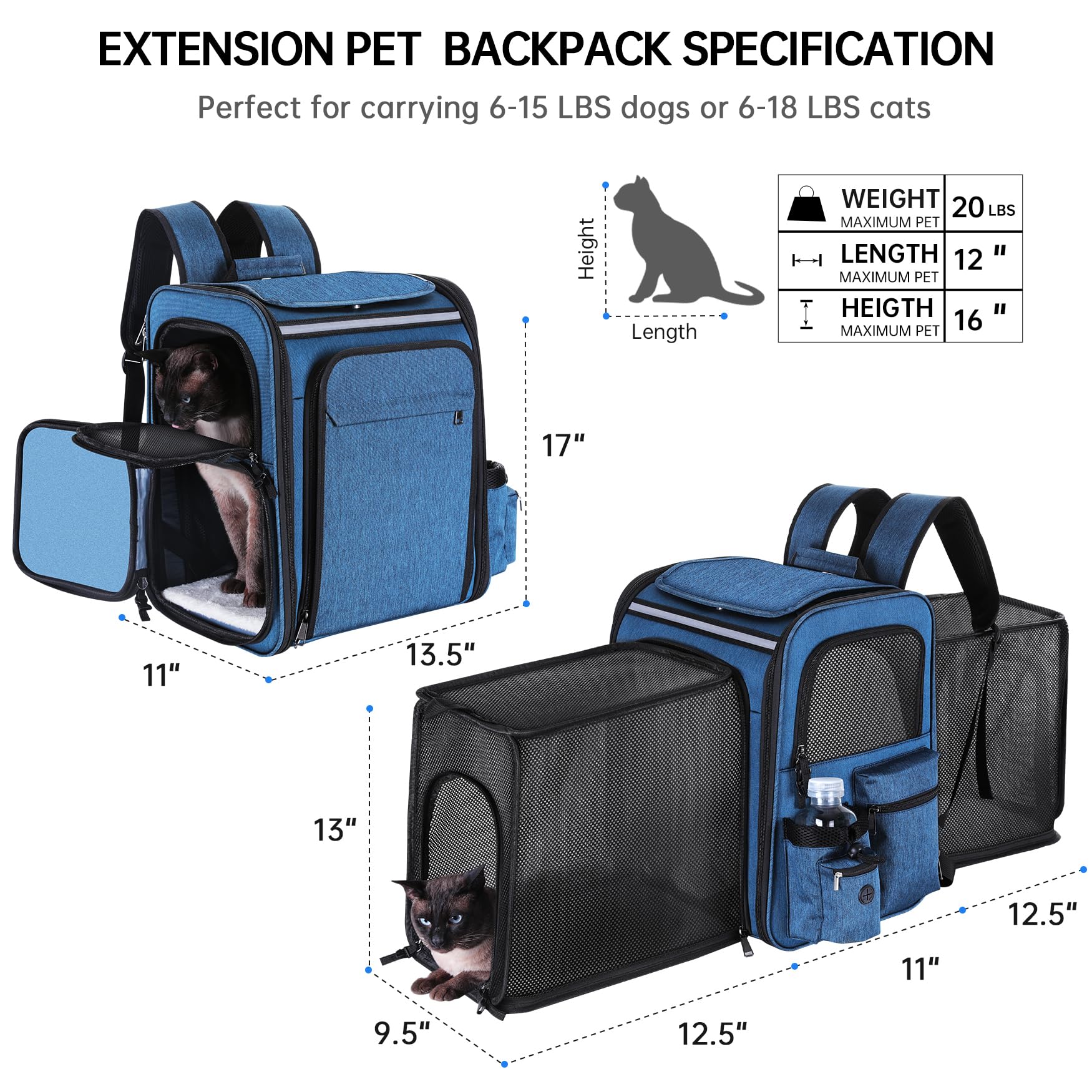 Sac à dos de transport pour animal domestique - Sac à dos de transport en maille douce et respirante pour chat, chien, chiot pesant jusqu'à 9 kg, double face extensible jusqu'à 43,2 x 34,3 x