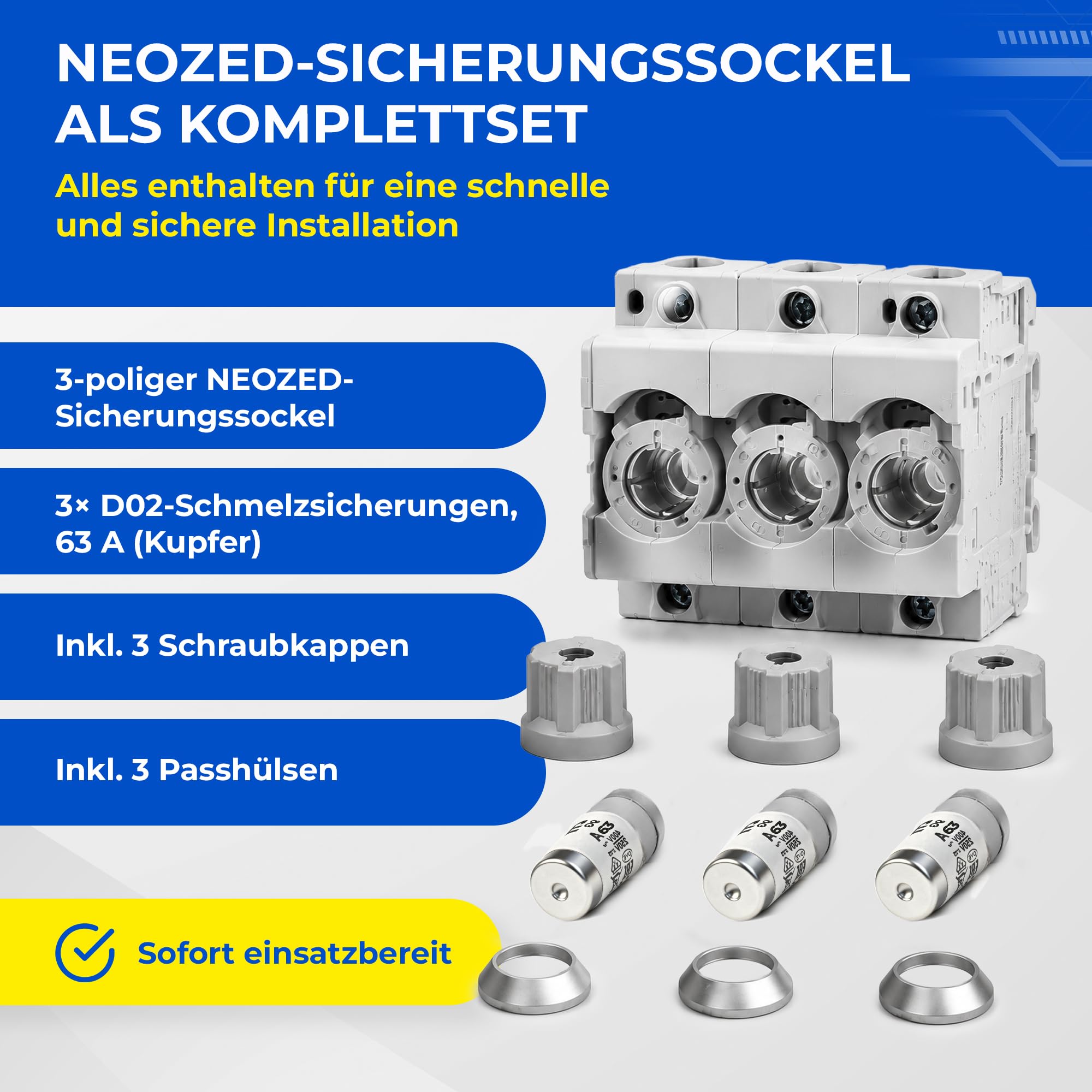 grenda-hammer® | Neozed Sicherungssockel mit Schraubkappen und 3x Schmelzsicherungen (D02-3x63 Ampère (kupfer))