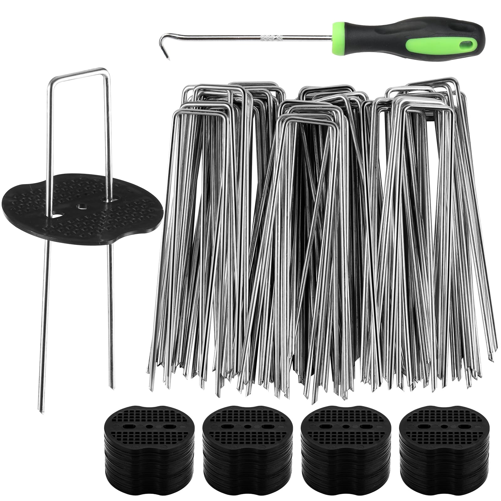200 estacas de grapas de paisaje + 200 juntas, estacas de jardín galvanizadas de 6 pulgadas, estacas de patio en forma de U de calibre 11 para decoraciones al aire libre, estacas de suelo resistentes