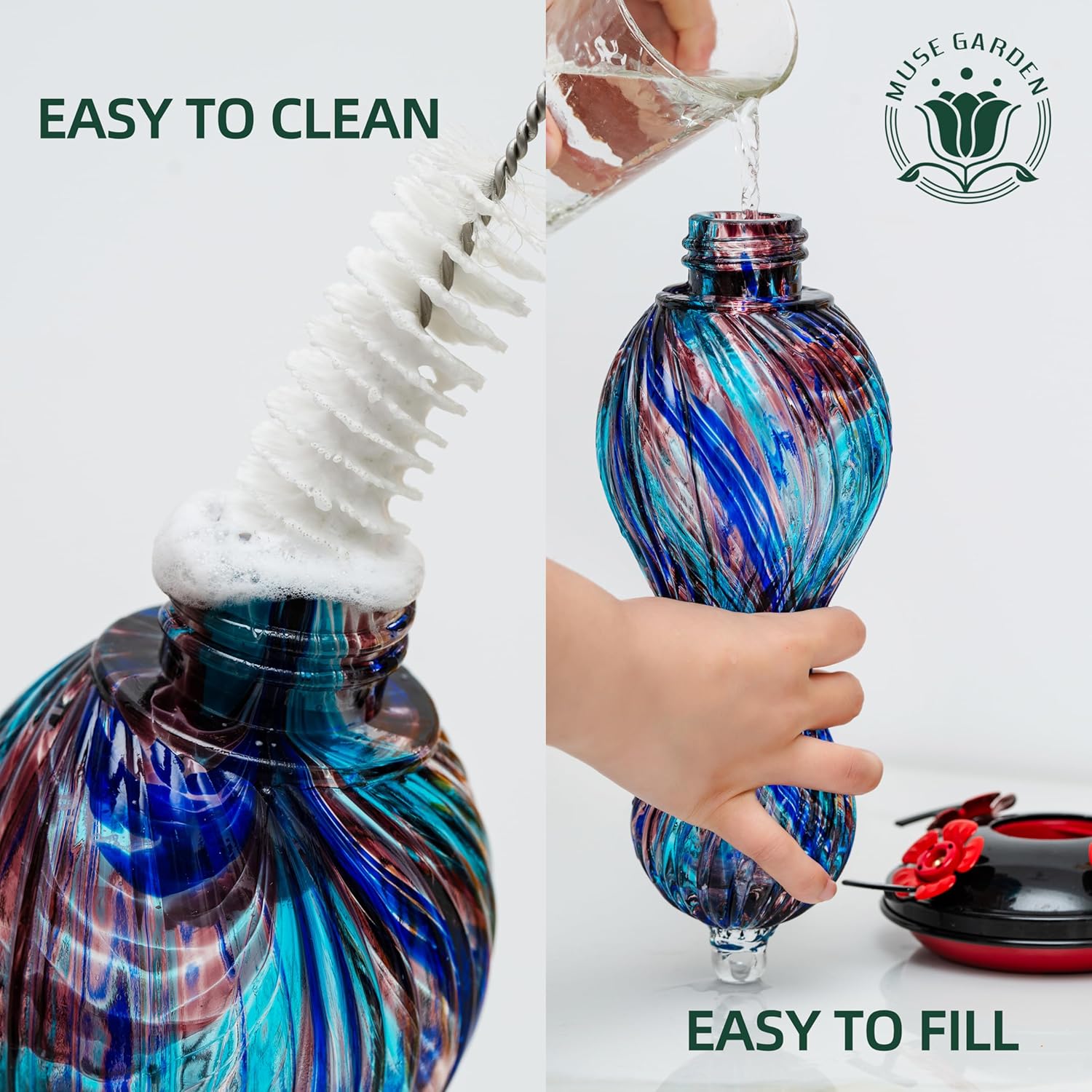 Hummingbird Feeder for Outdoors Hanging, Hand Blown Glass 24 OZ Capacity Hummingbird Bird Nectar Feeders with 4 Feeding Ports, Gifts for Women Mom Outside Garden Backyard Decor - Image 8