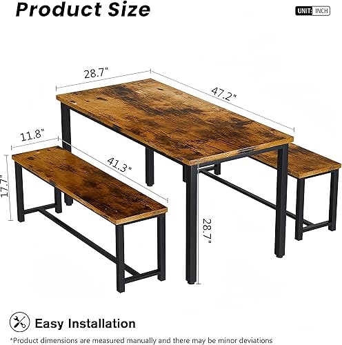 Miniatura 3 de Recaceik Juego de mesa de comedor de 47 pulgadas para 4, mesa de cocina de 3 piezas con 2 bancos, juego de mesa y sillas de cocina de madera, juego