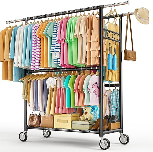 Miniatura 13 de Perchero resistente con carga de 960 libras, tres barras de ropa rodantes para colgar ropa, perchero rodante con ruedas resistentes, estantes