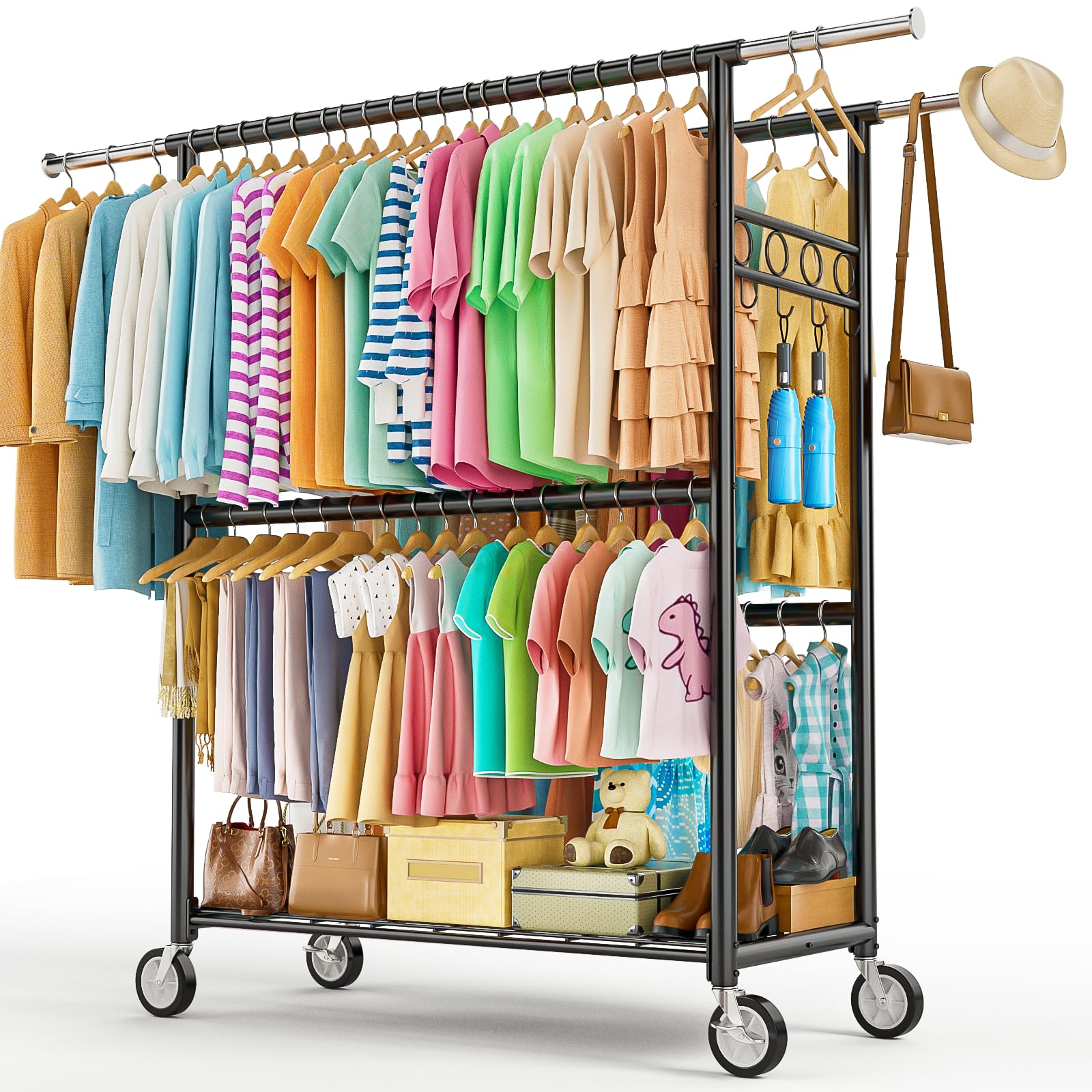 Condition photo showing New/Like New for heavy duty clothes rack load 1060lbs, four rods rolling clothing racks for hanging clothes, rolling garment rack with sturdy wheels shelves hooks, portable & adjustable commercial garment rack, black
